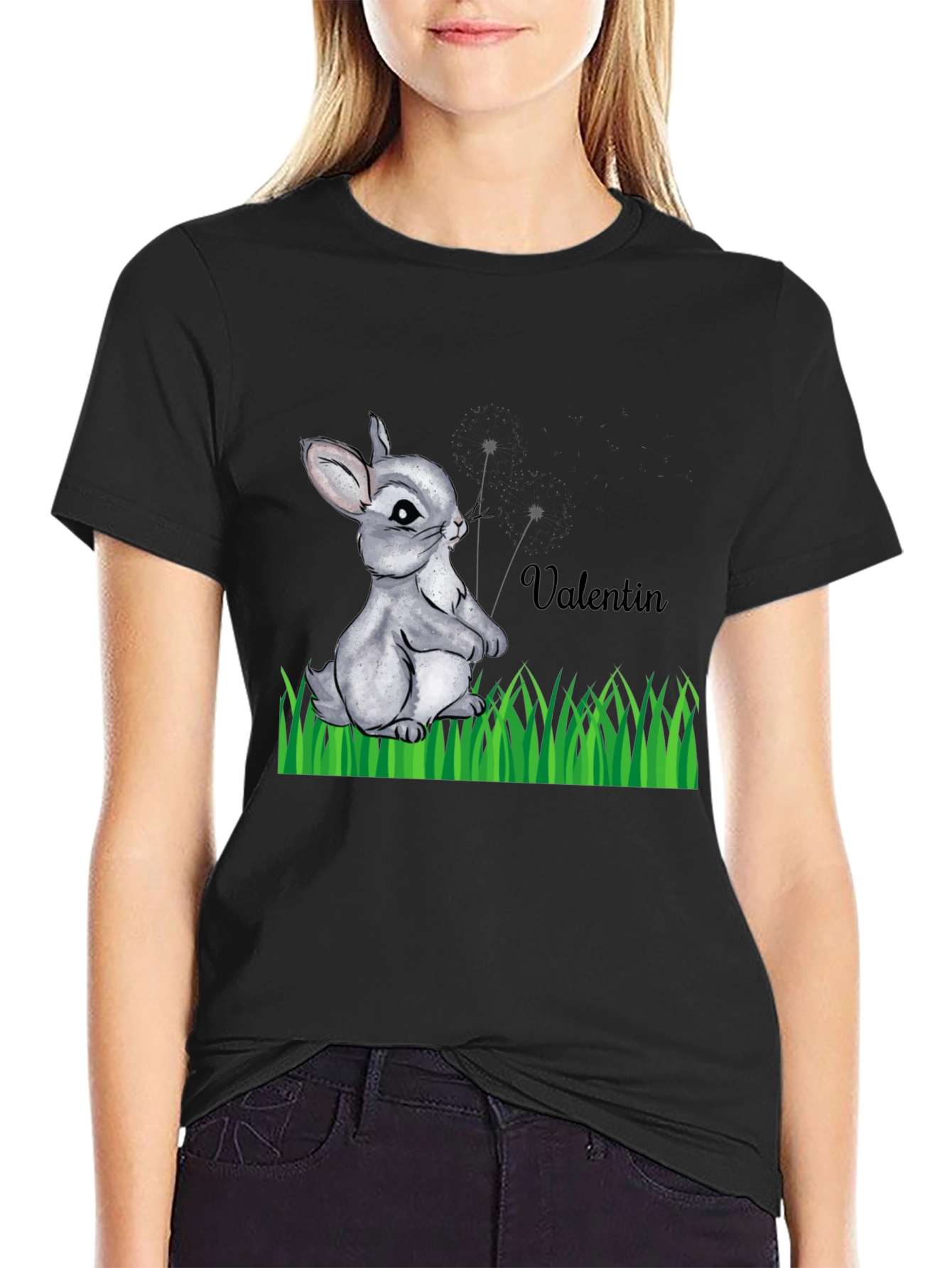 Cute Bunny Valentin Graphic T-Shirt - Black