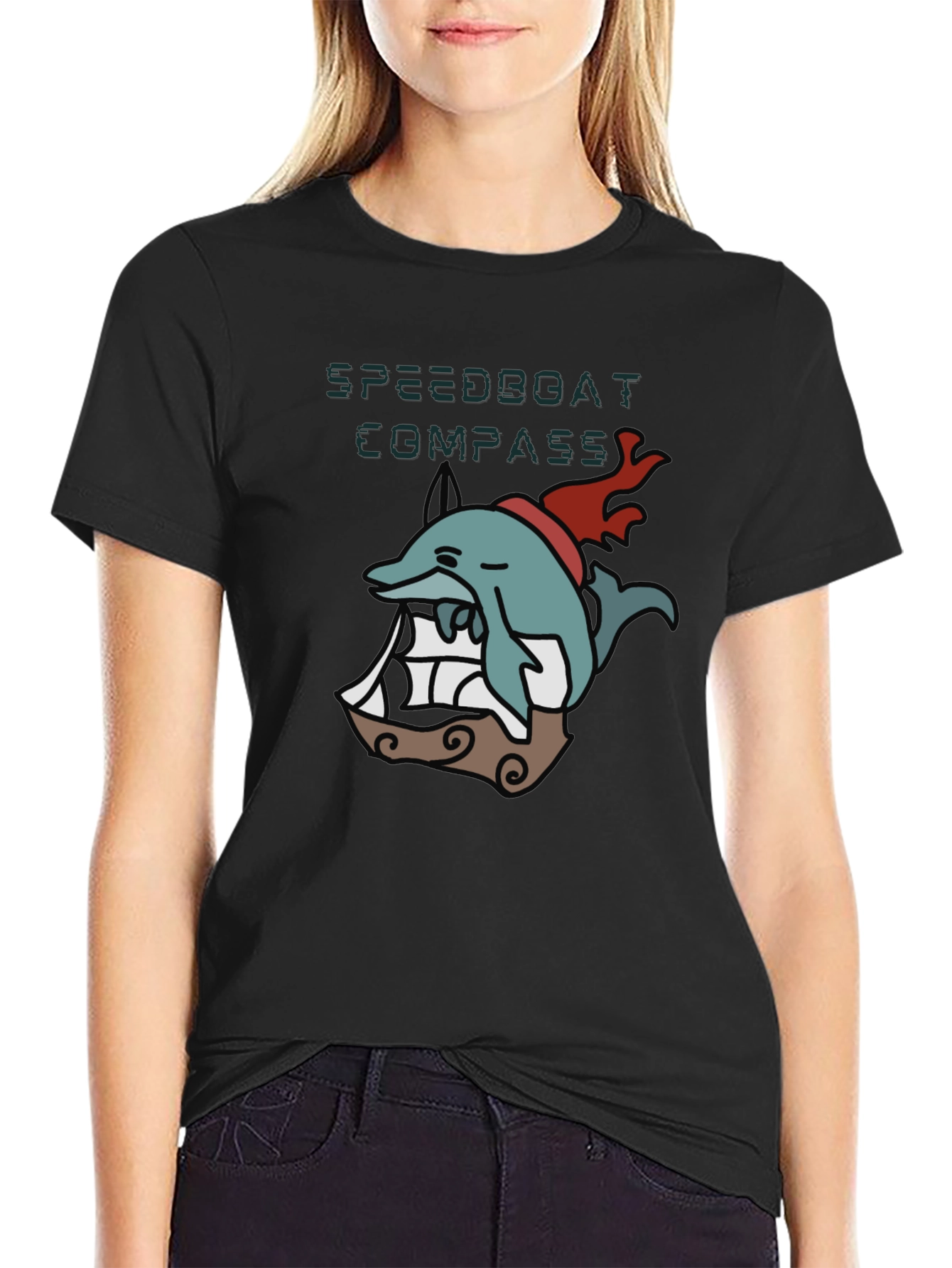 Novelty Dolphin Compass T-Shirt - Black