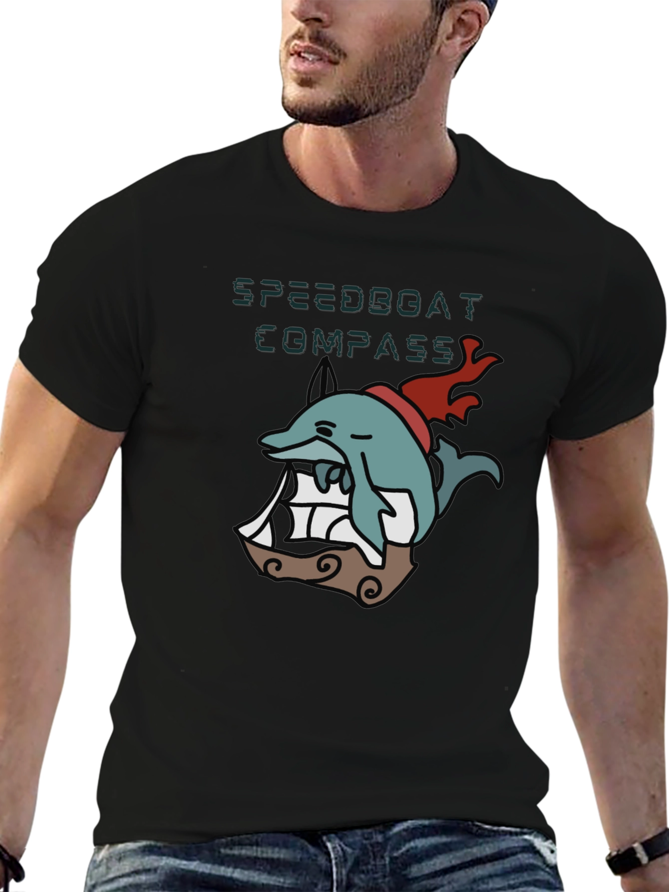 Novelty Dolphin Compass T-Shirt - Black
