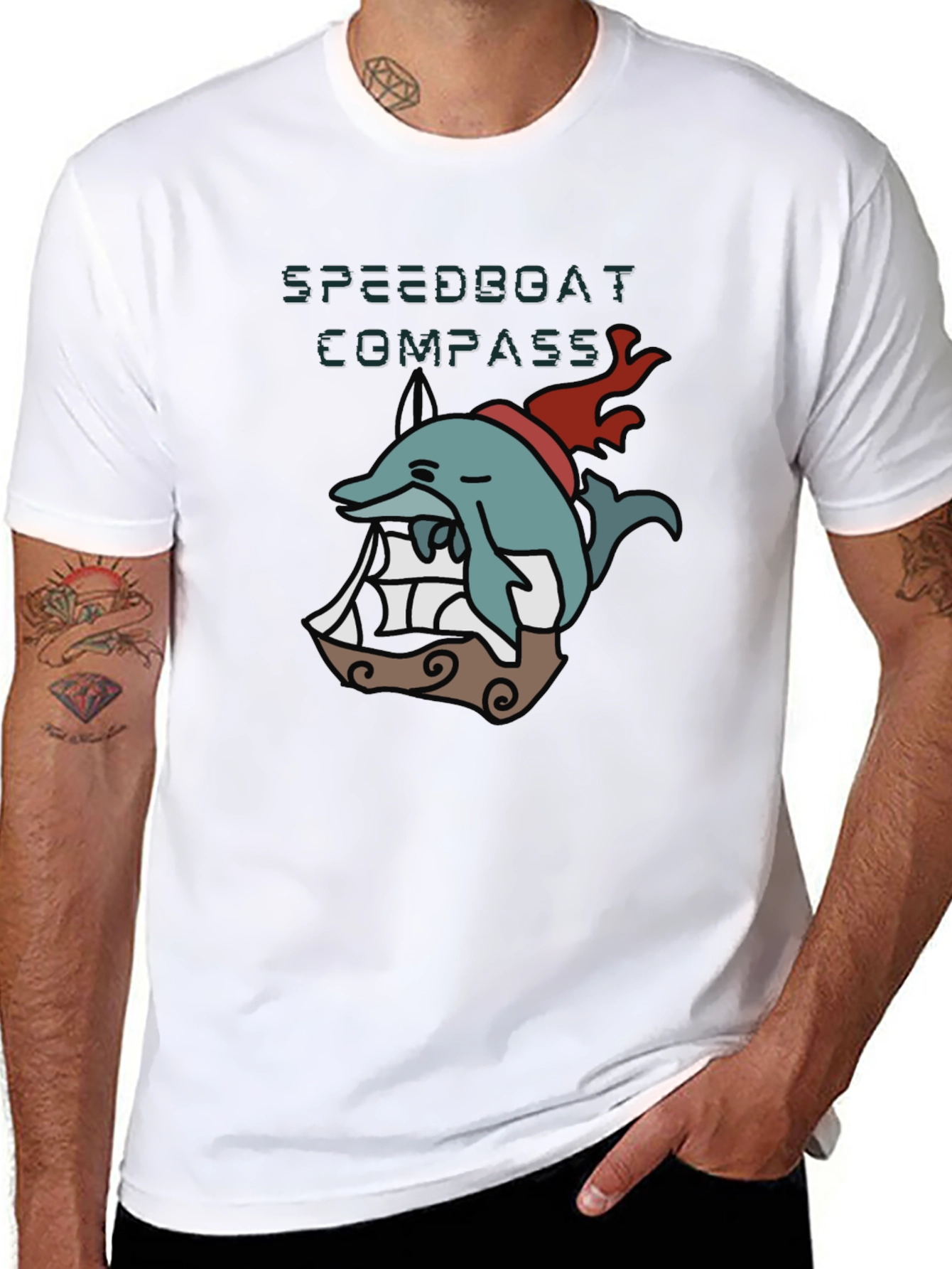 Novelty Dolphin Compass T-Shirt - Black