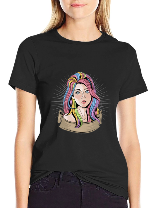Colorful Haired Girl Graphic Tee - Unisex Black T-Shirt