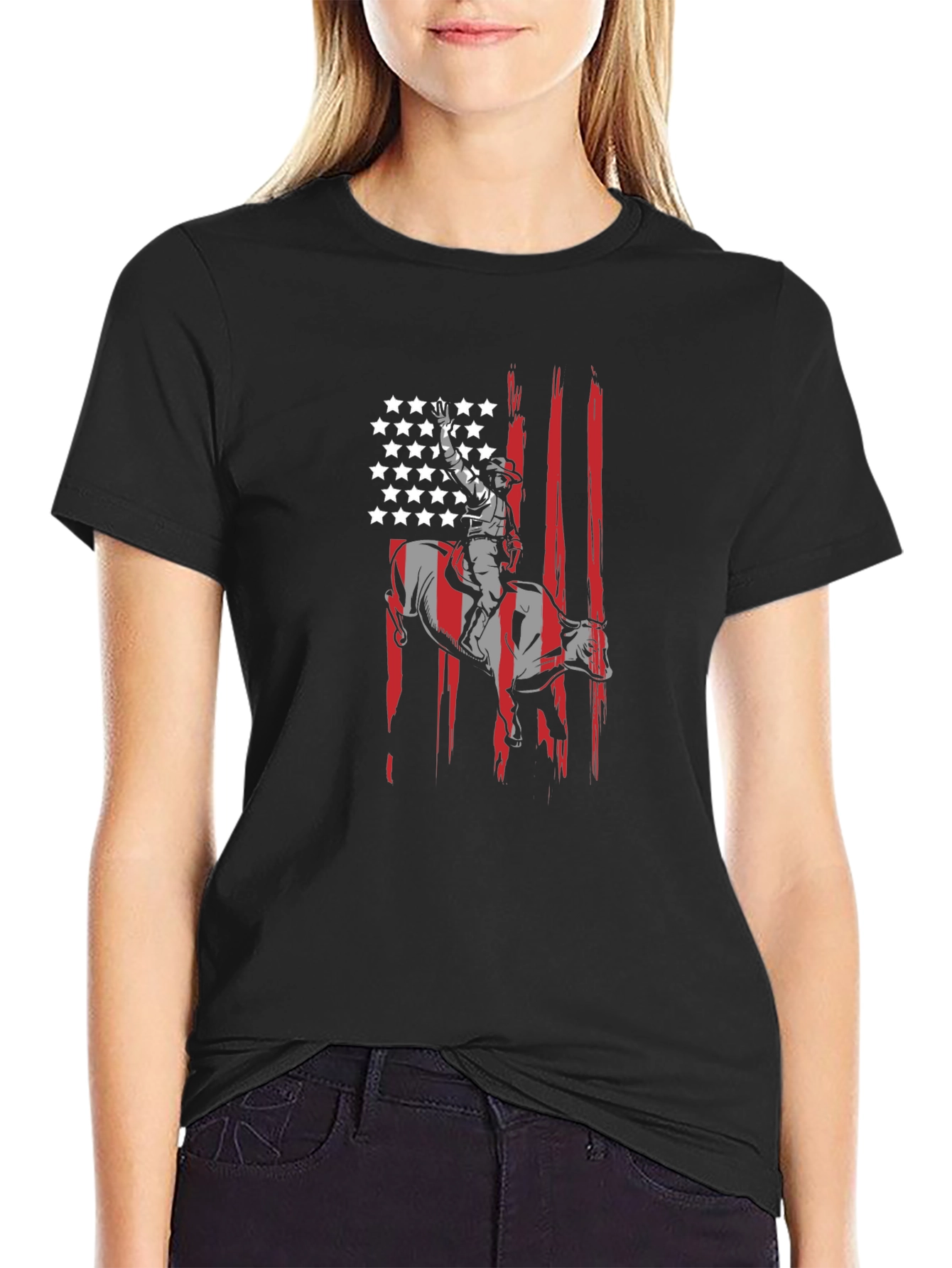 Cowboy Bull Rider USA Flag Graphic T-Shirt