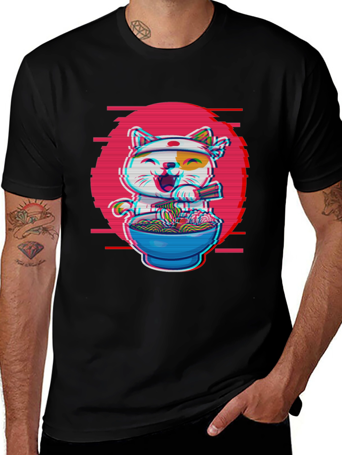 Ramen Cat T-Shirt - Anime Glitch Design