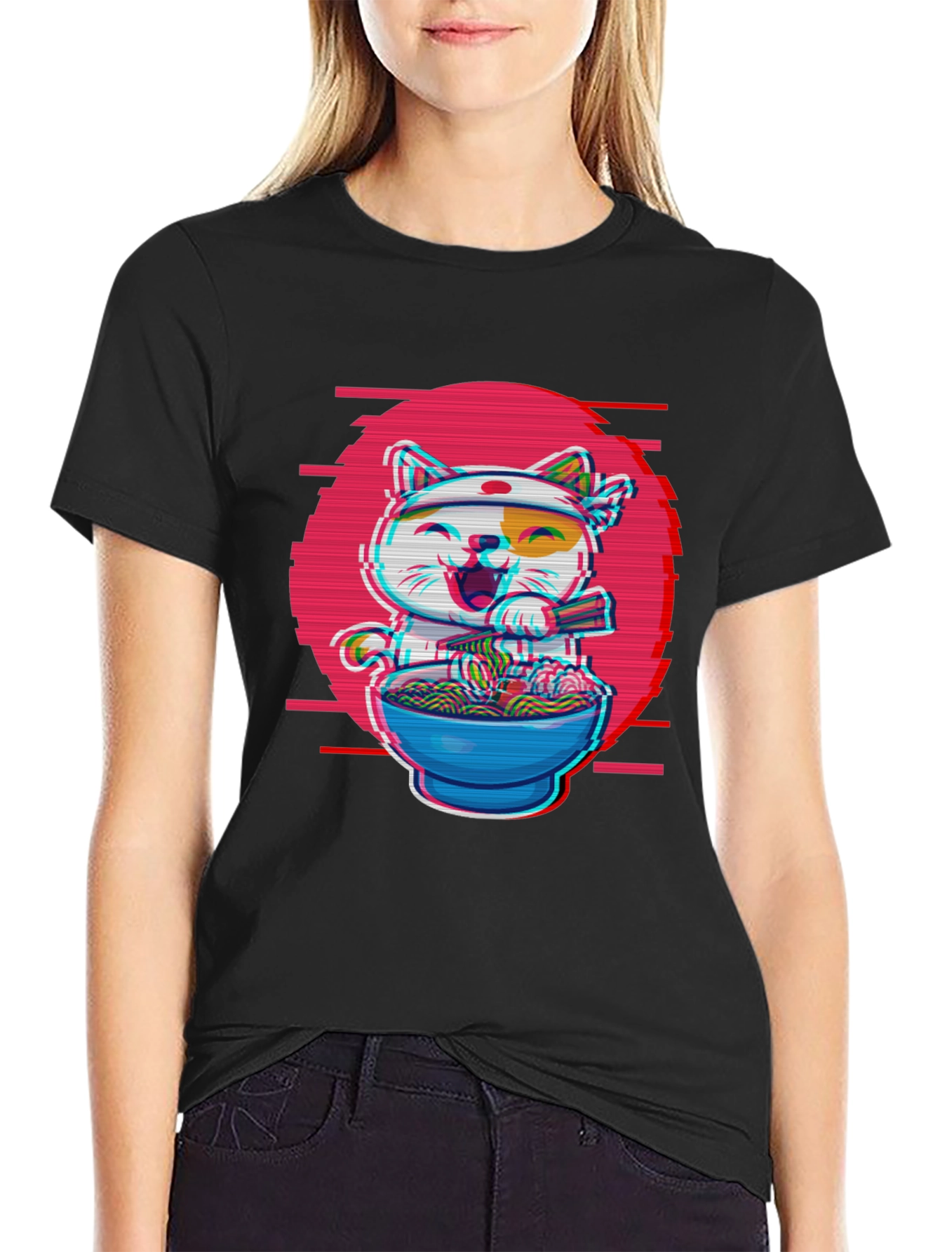 Ramen Cat T-Shirt - Anime Glitch Design