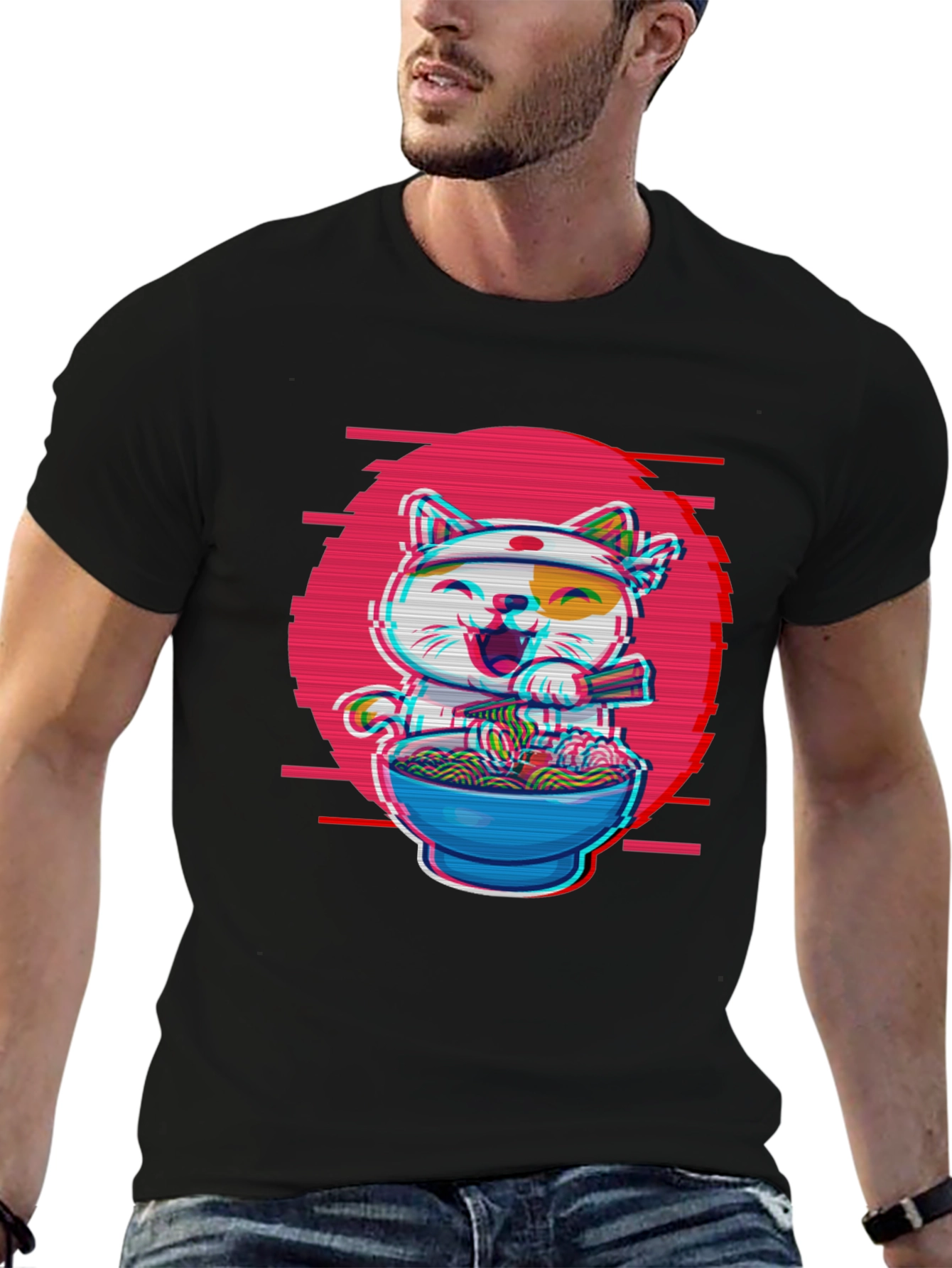 Ramen Cat T-Shirt - Anime Glitch Design