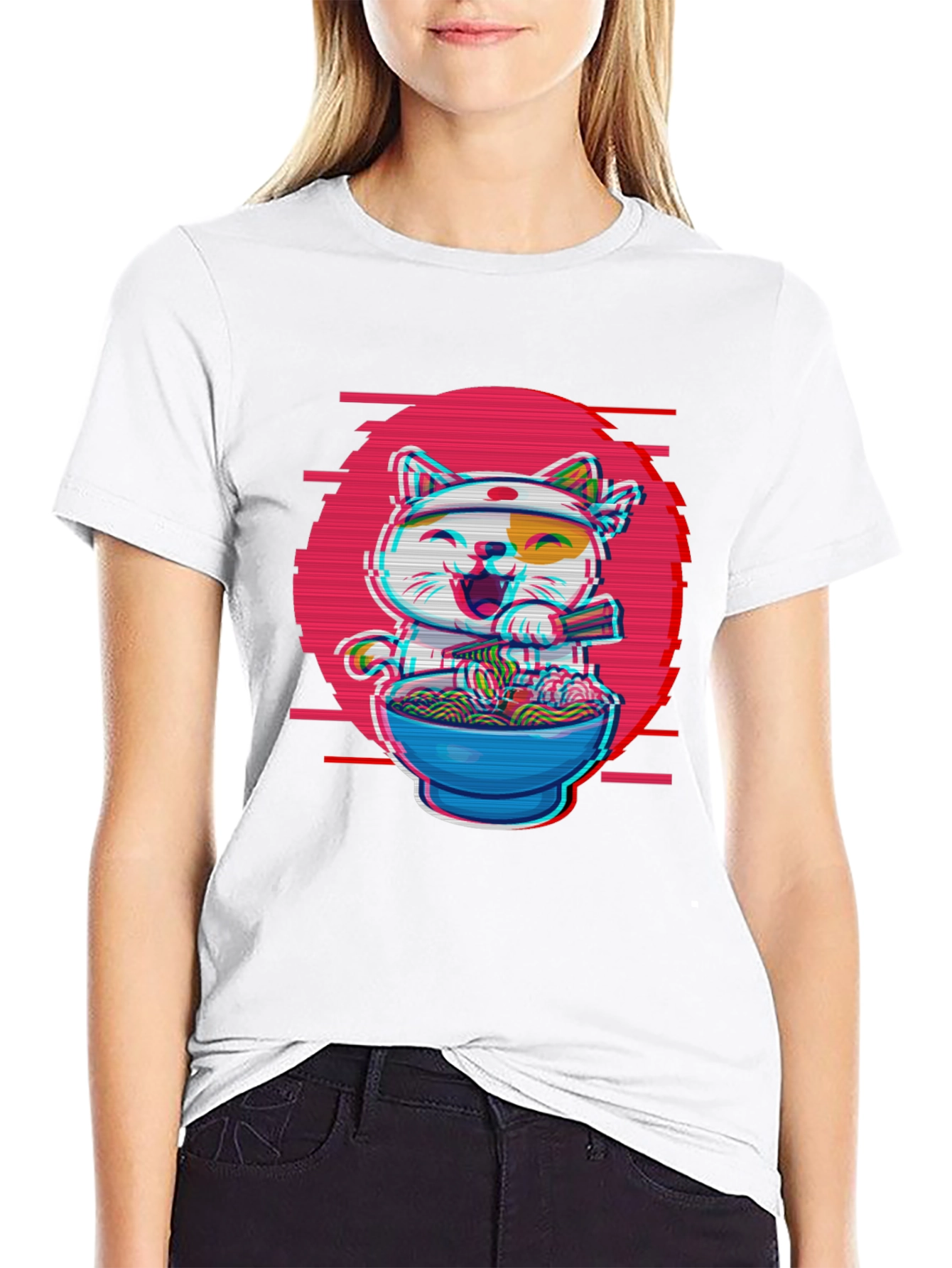 Ramen Cat T-Shirt - Anime Glitch Design