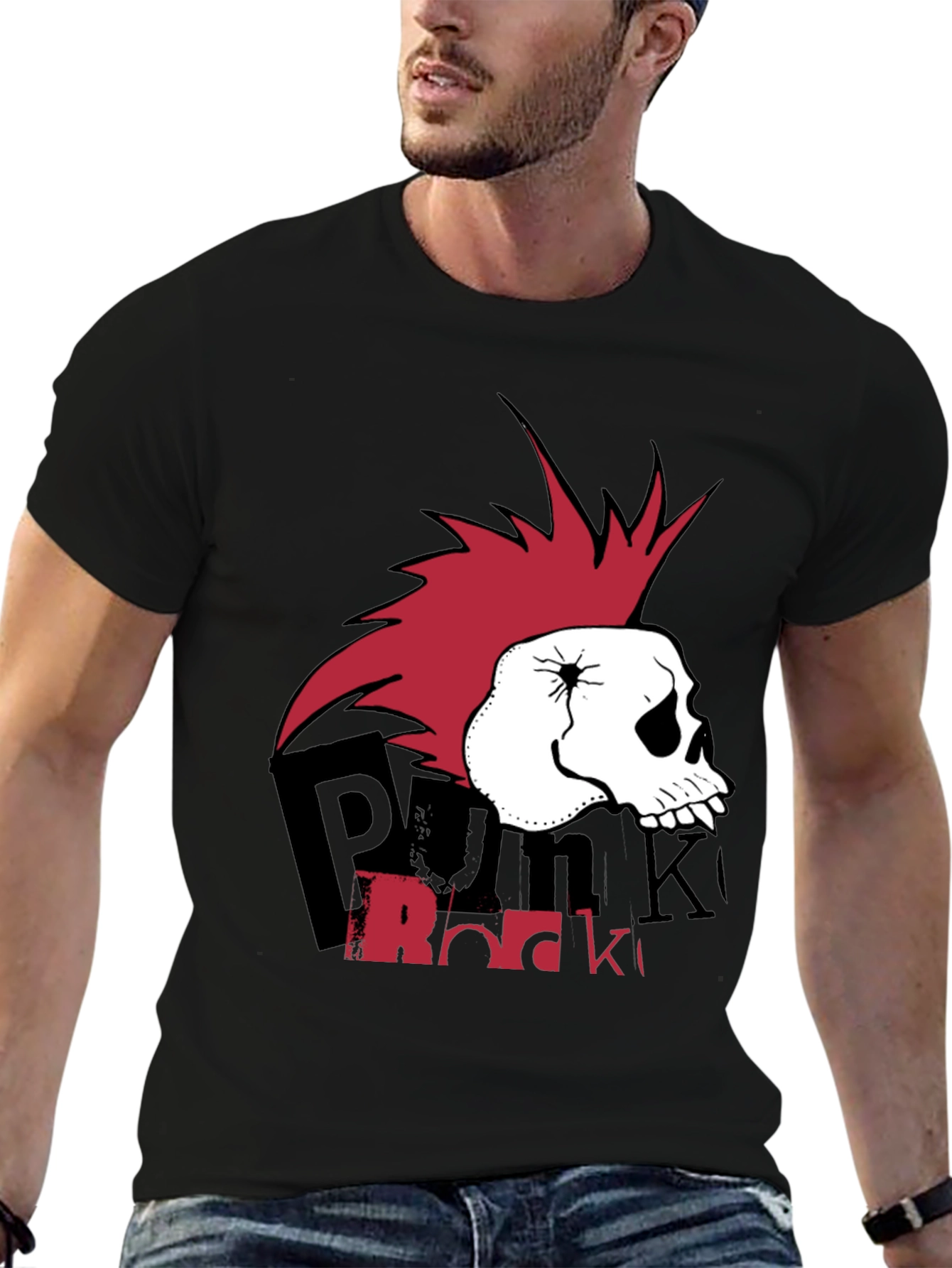 Punk Rock Skull Graphic Tee - Black Cotton T-Shirt