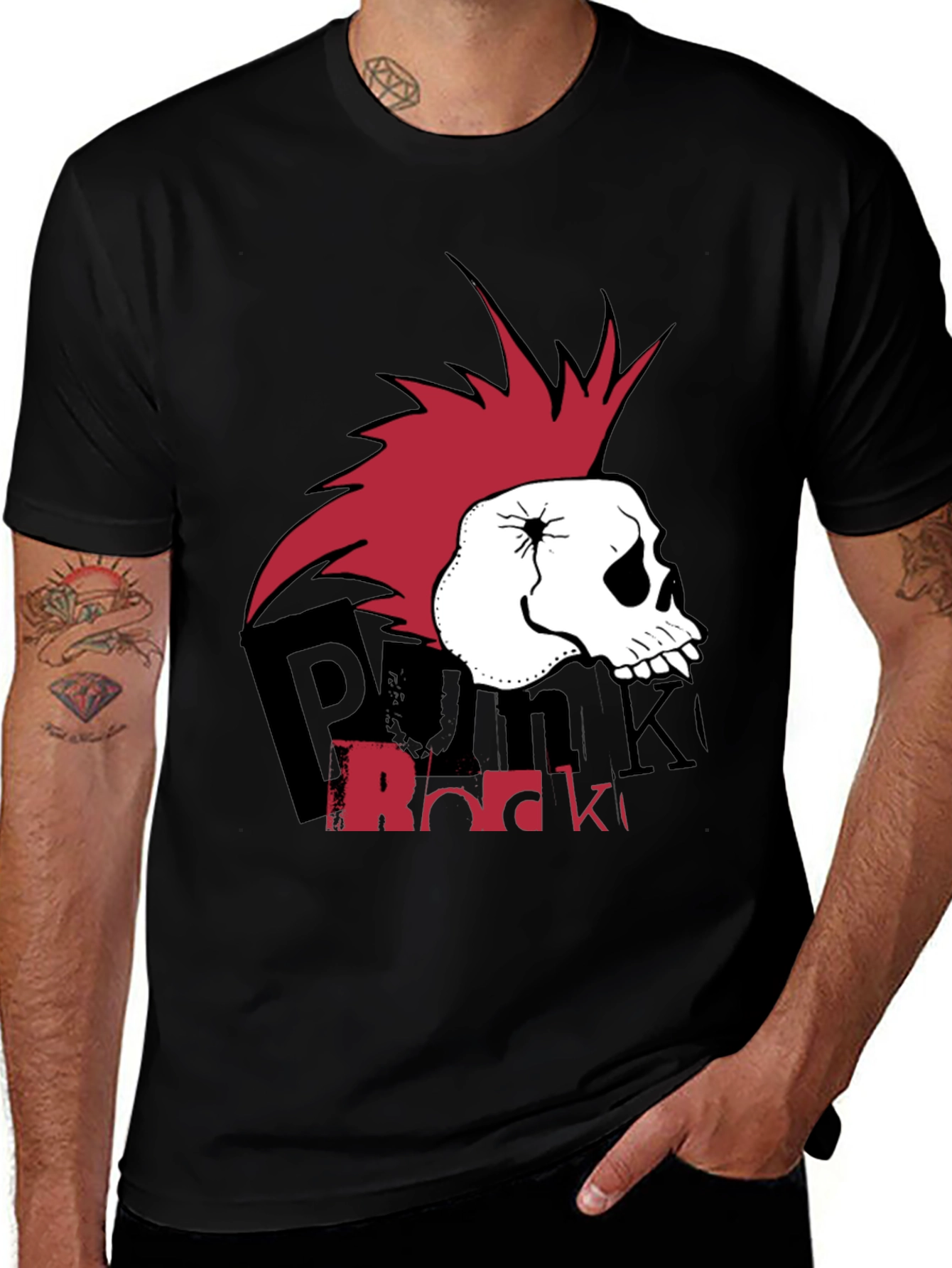Punk Rock Skull Graphic Tee - Black Cotton T-Shirt
