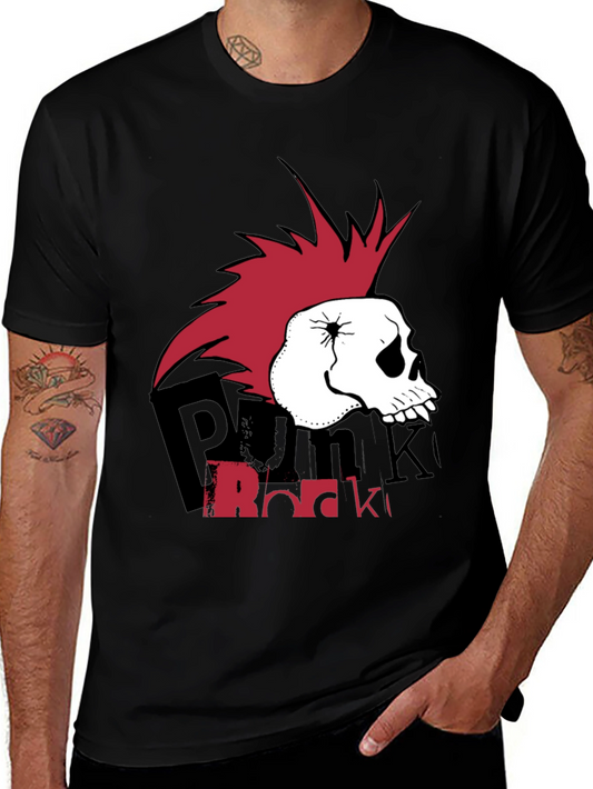 Punk Rock Skull Graphic Tee - Black Cotton T-Shirt