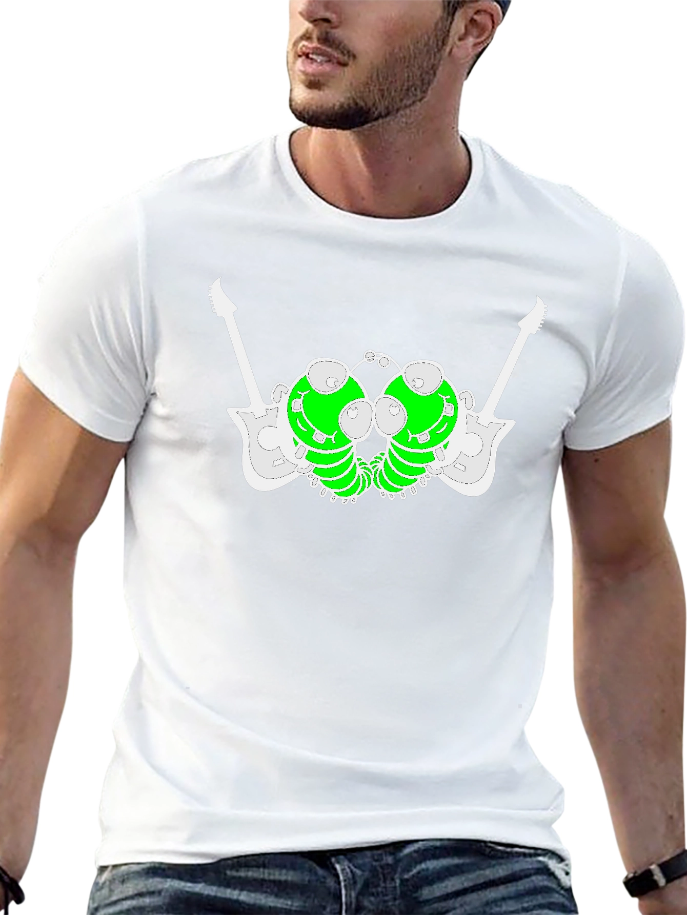 Unique Graphic Tee: Guitar-Caterpillar Design