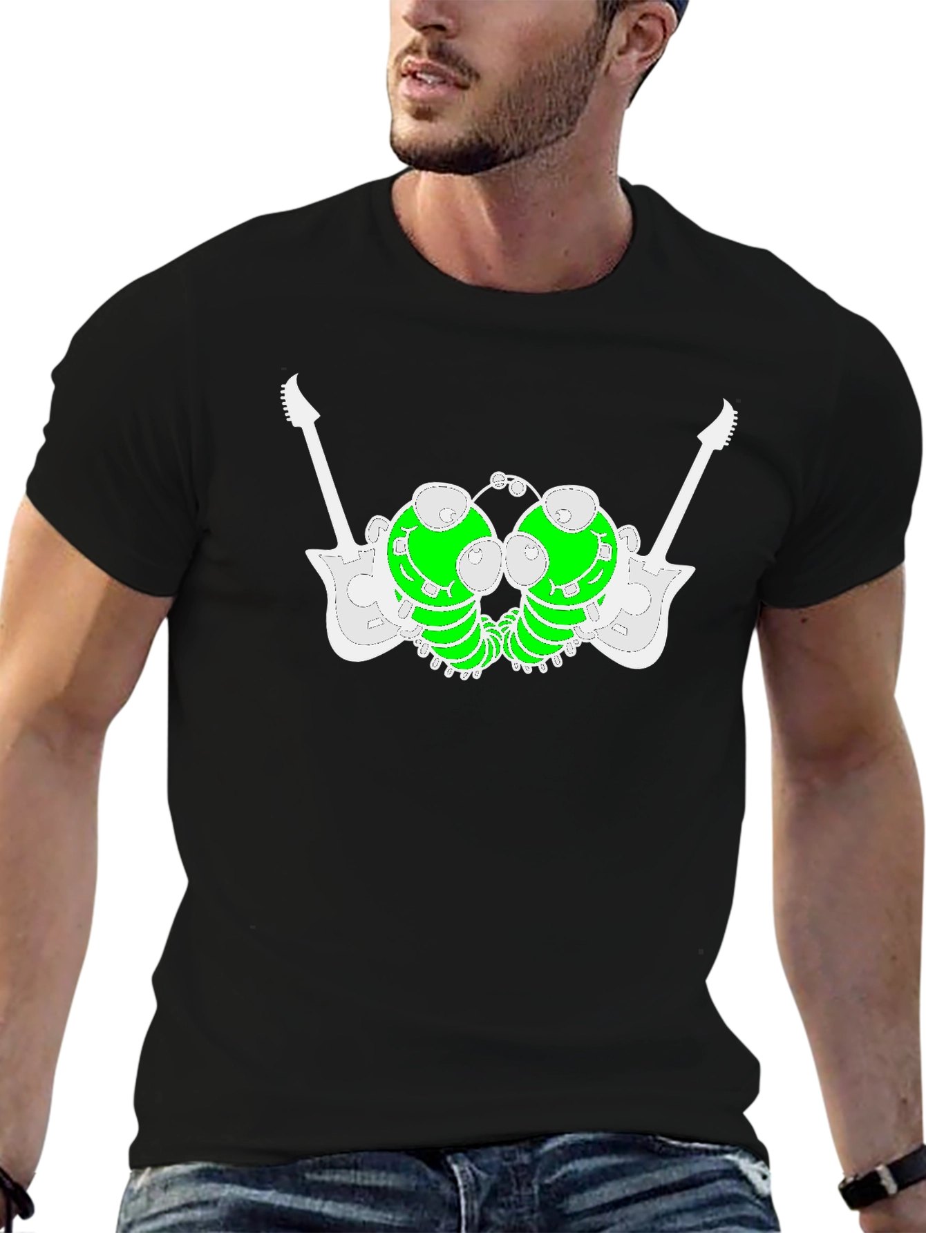 Unique Graphic Tee: Guitar-Caterpillar Design