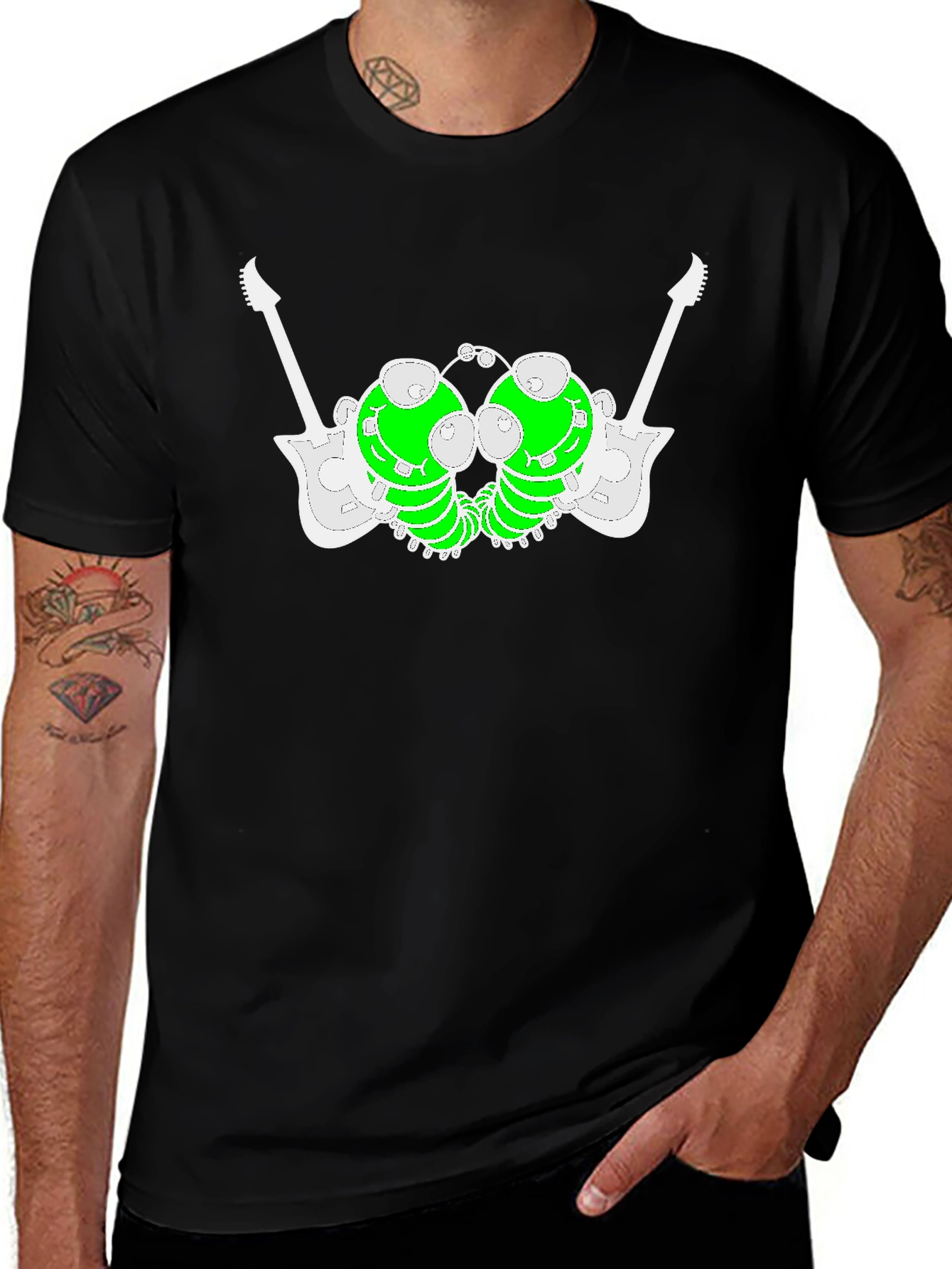 Unique Graphic Tee: Guitar-Caterpillar Design