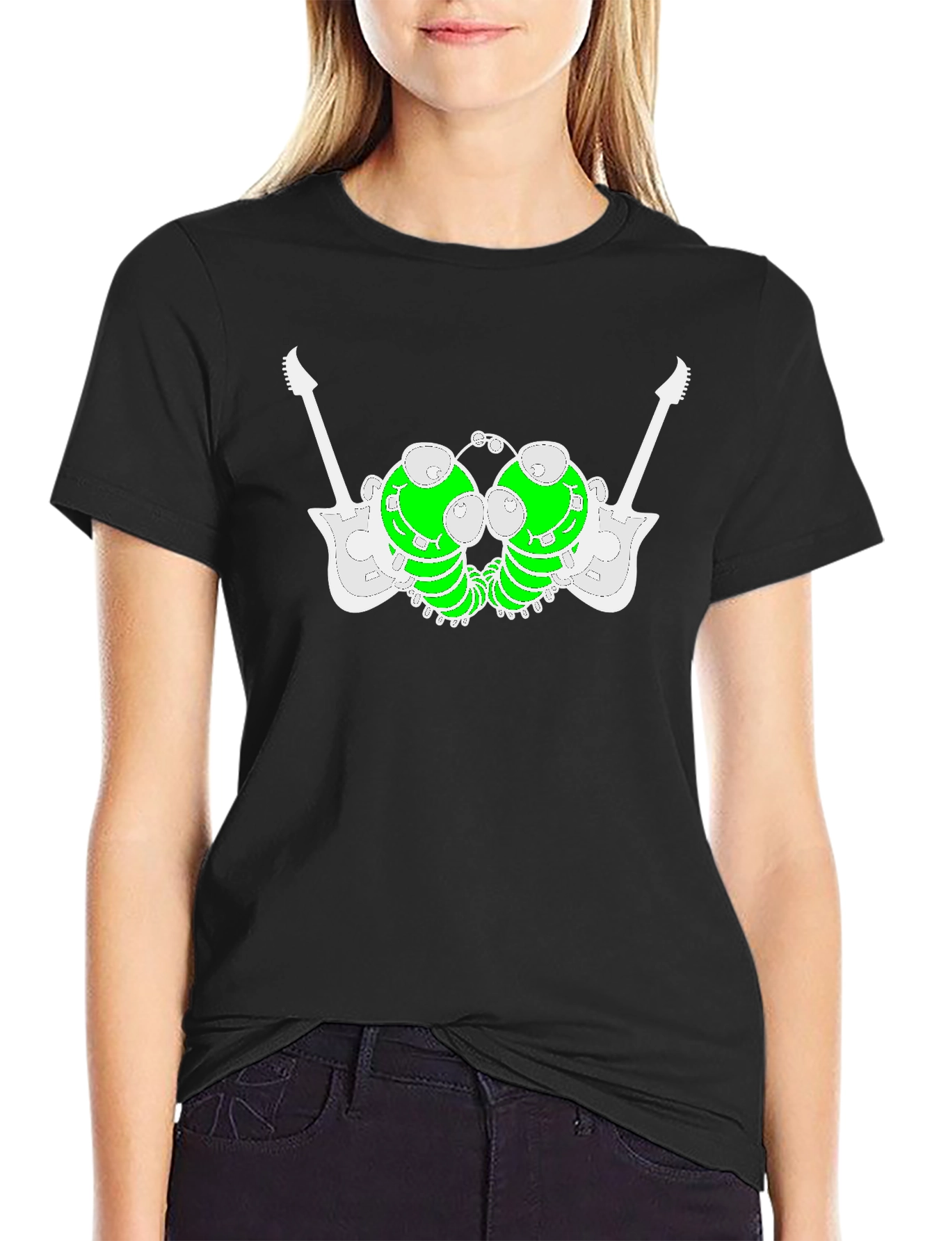 Unique Graphic Tee: Guitar-Caterpillar Design