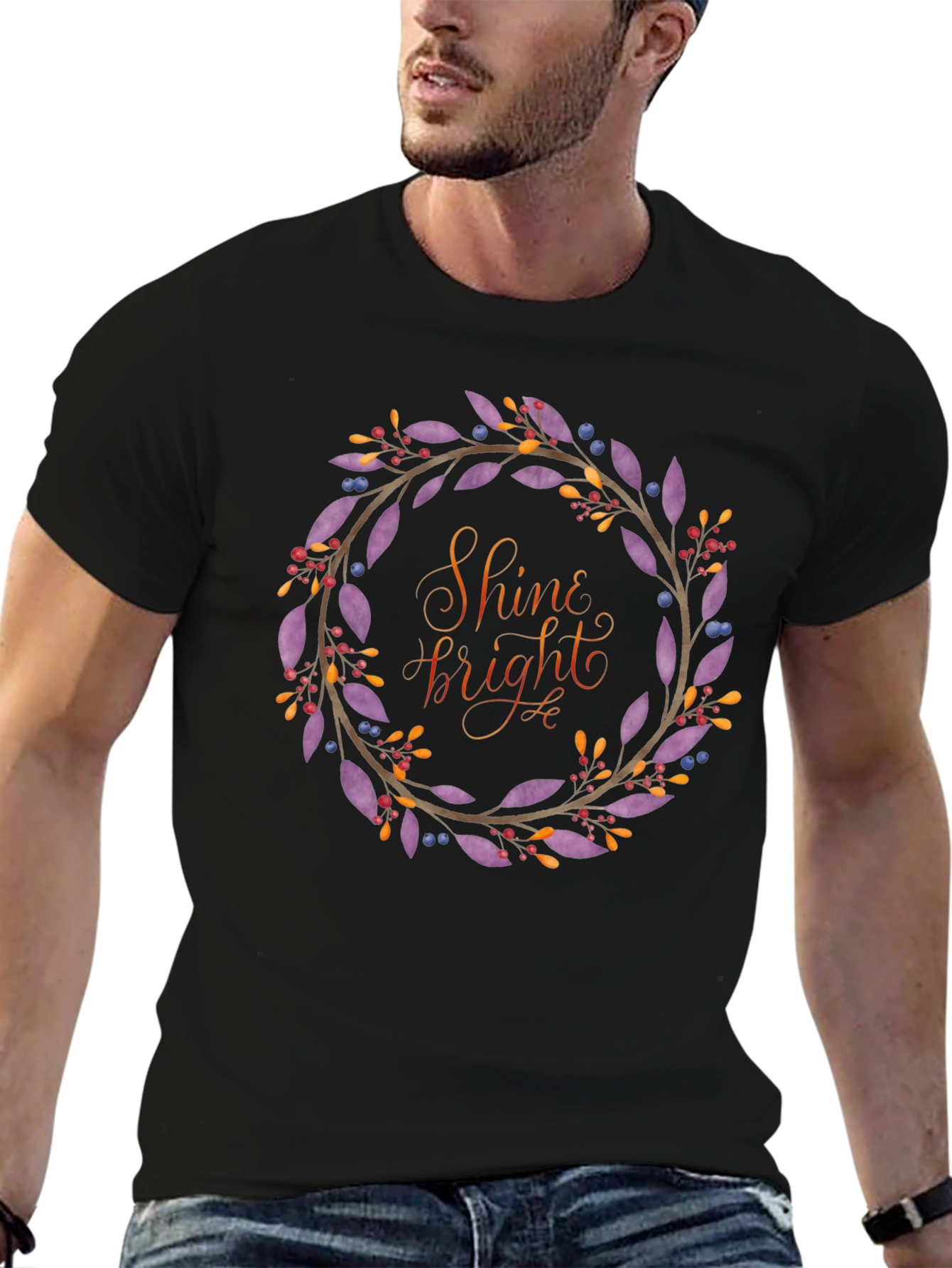 Shine Bright Floral Wreath Black T-Shirt