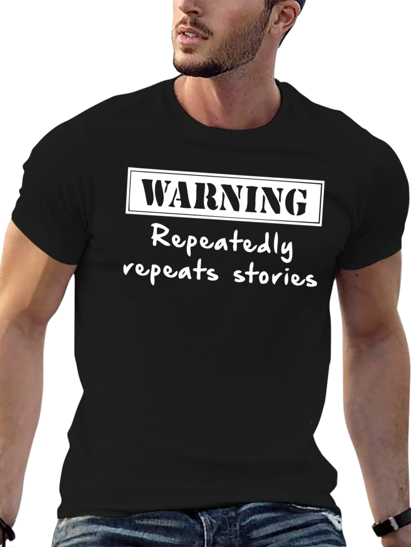 Warning Repeats Stories Black Graphic T-Shirt