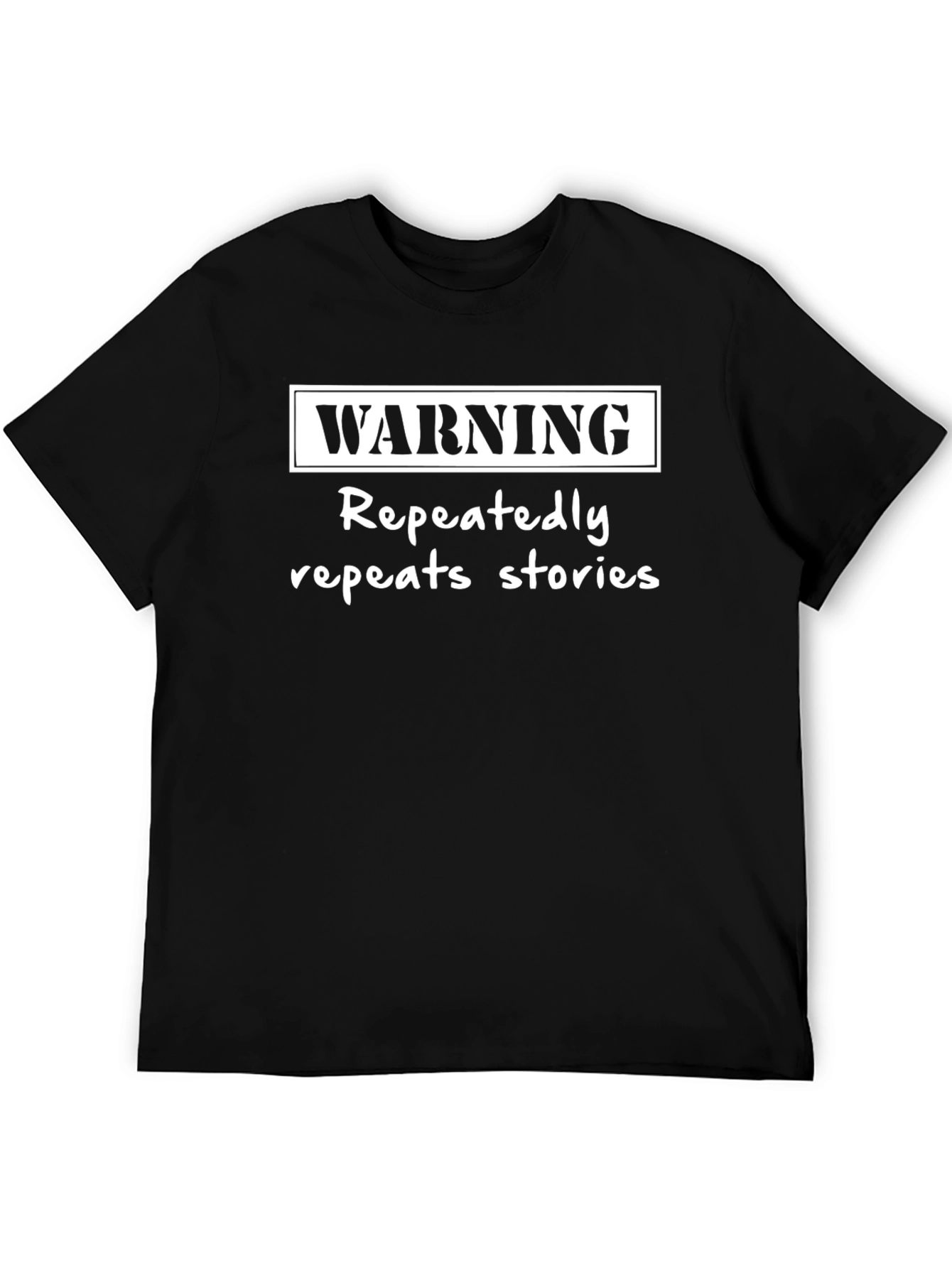 Warning Repeats Stories Black Graphic T-Shirt