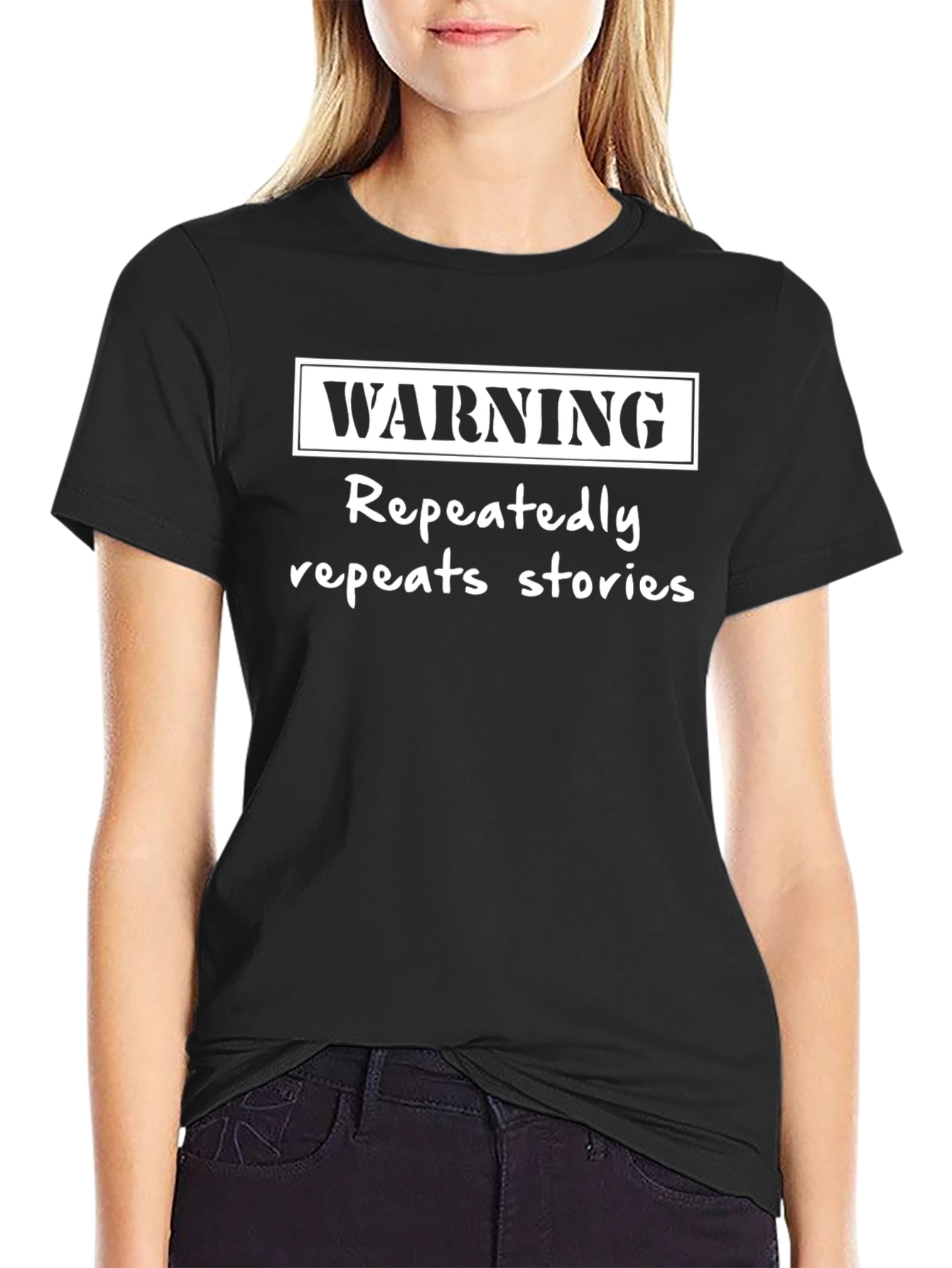 Warning Repeats Stories Black Graphic T-Shirt