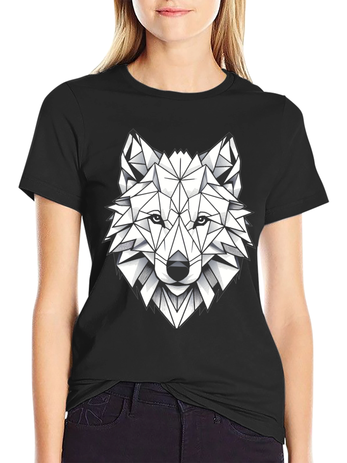 Geometric Wolf Graphic Tee - Modern Black T-Shirt