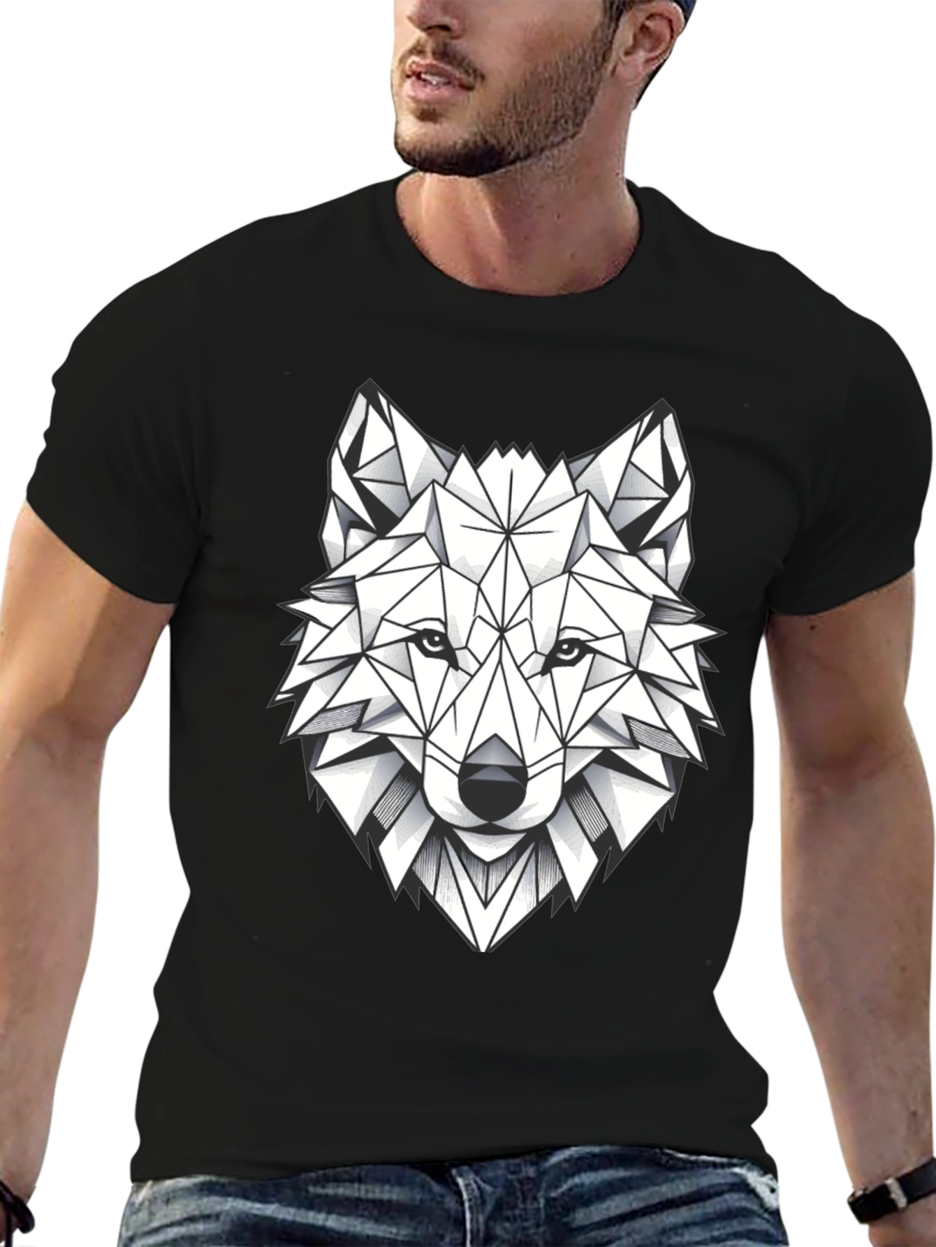Geometric Wolf Graphic Tee - Modern Black T-Shirt