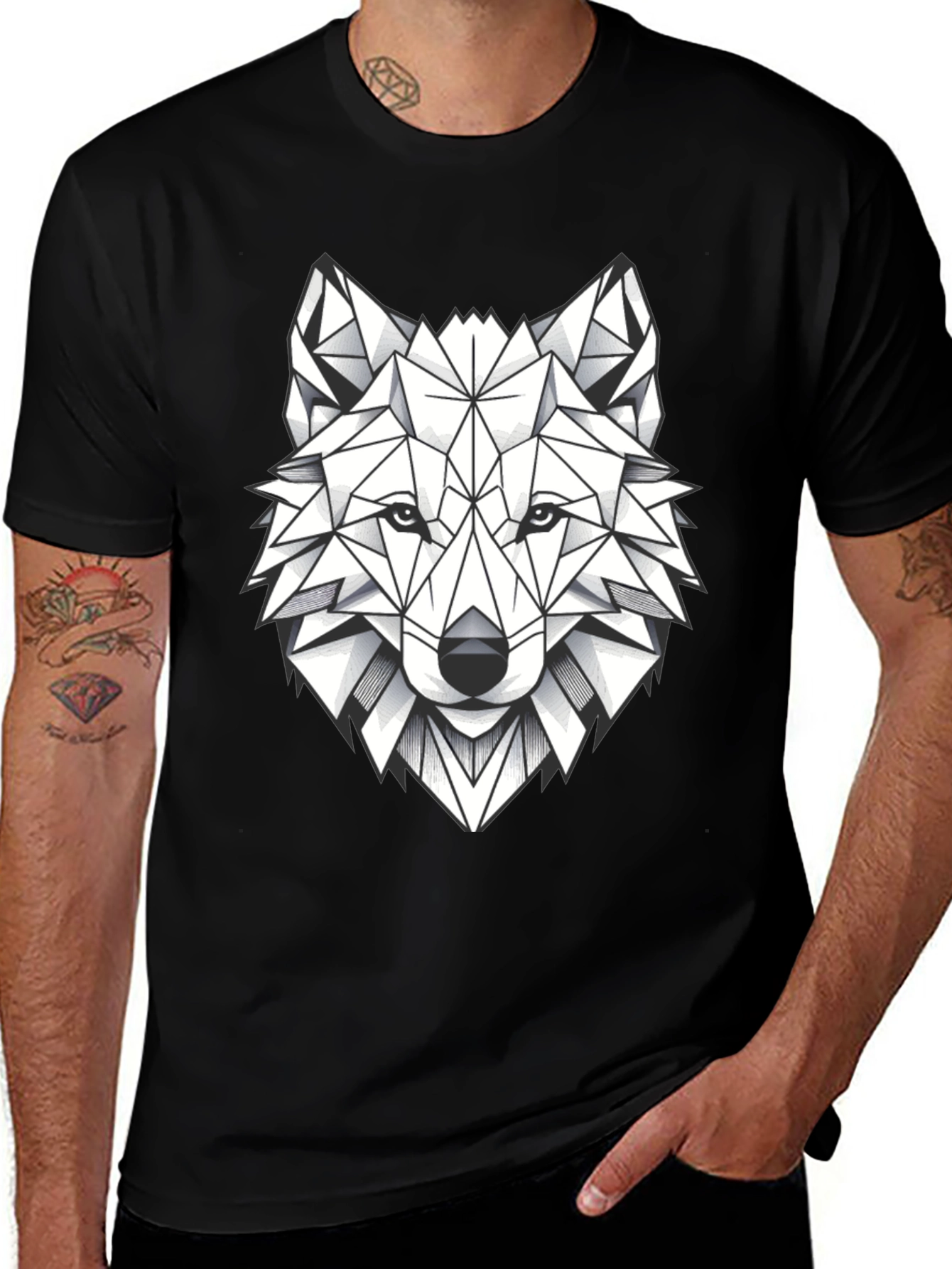 Geometric Wolf Graphic Tee - Modern Black T-Shirt