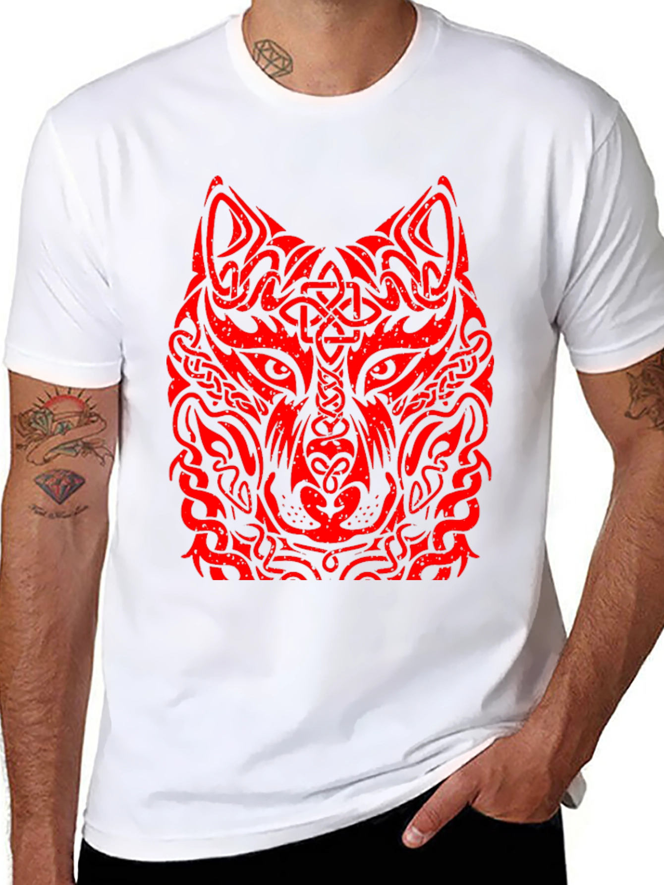 Red Tribal Wolf Graphic Black T-Shirt