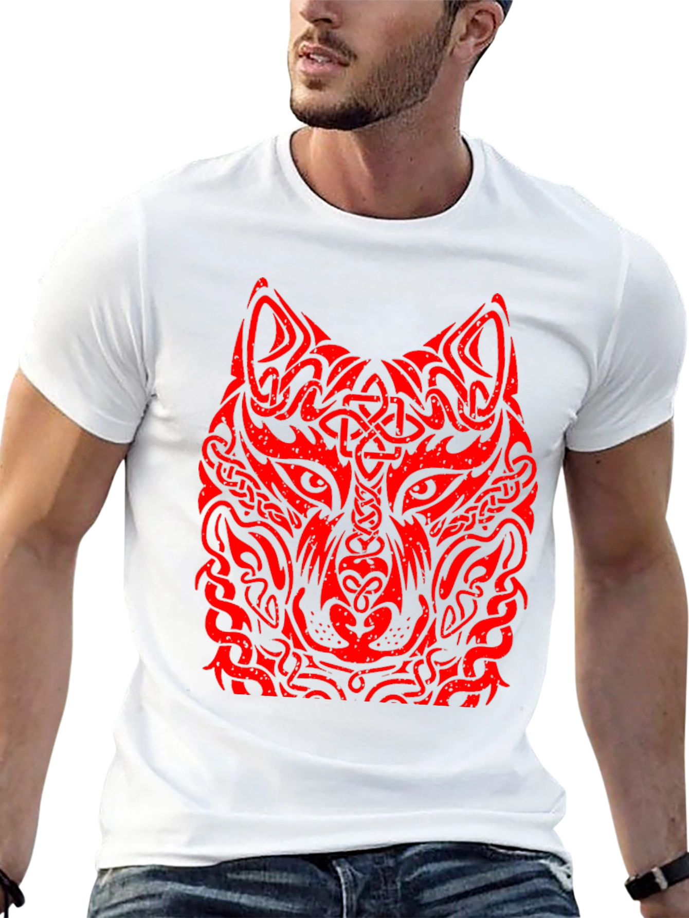 Red Tribal Wolf Graphic Black T-Shirt