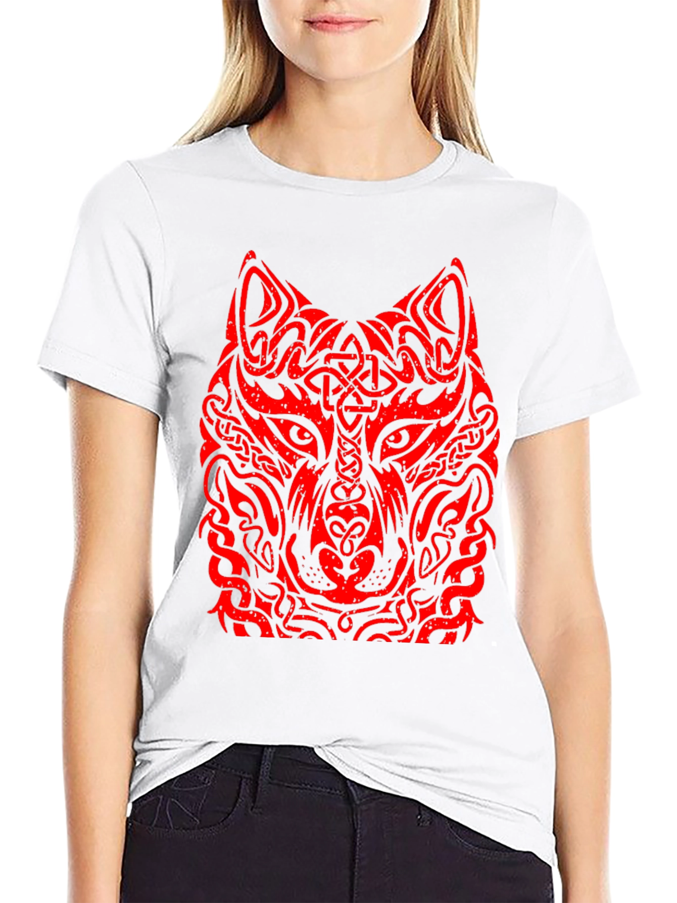 Red Tribal Wolf Graphic Black T-Shirt