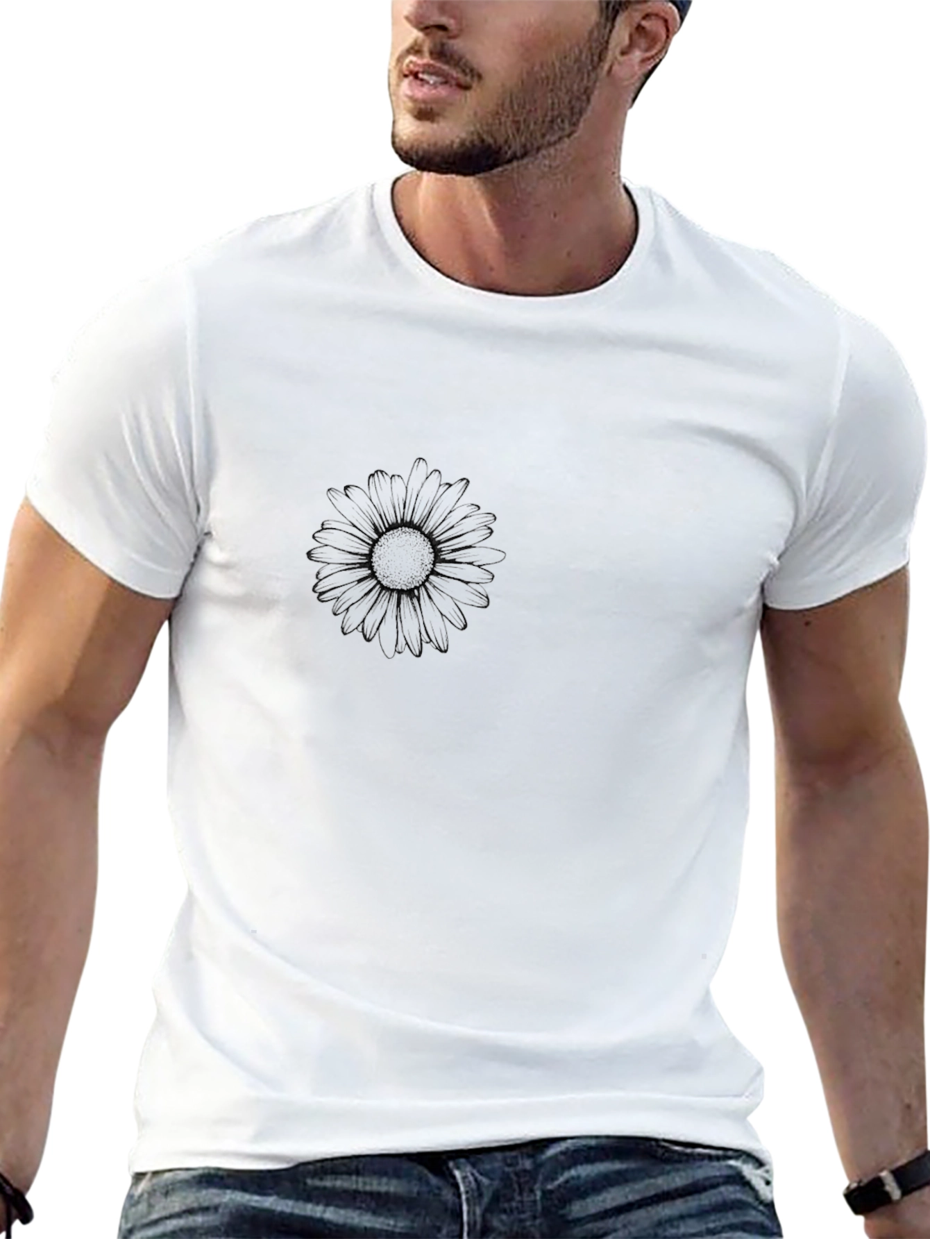 Mens Black Graphic Tee - Subtle Daisy Design
