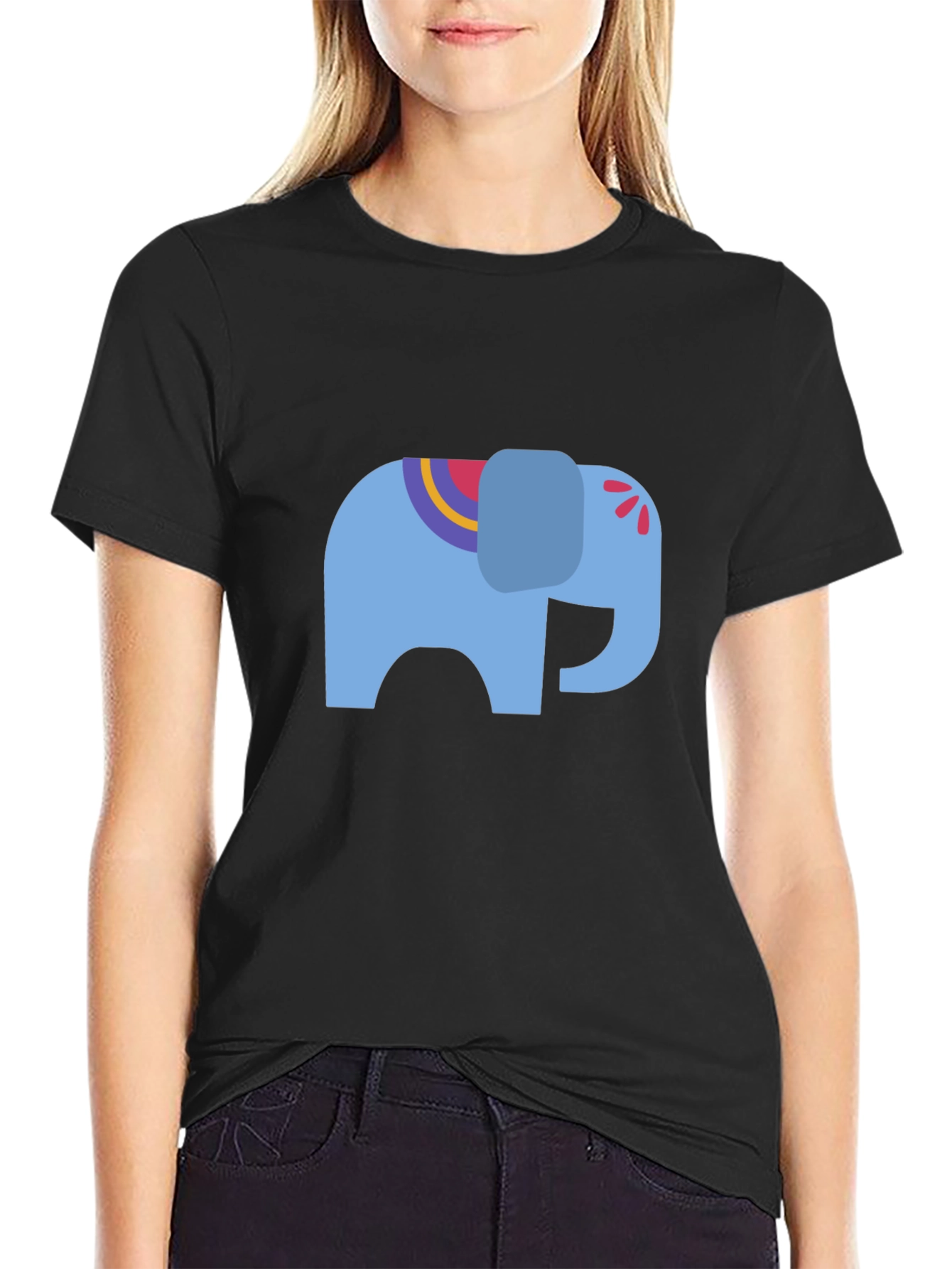 Black Tee with Blue Elephant Graphic