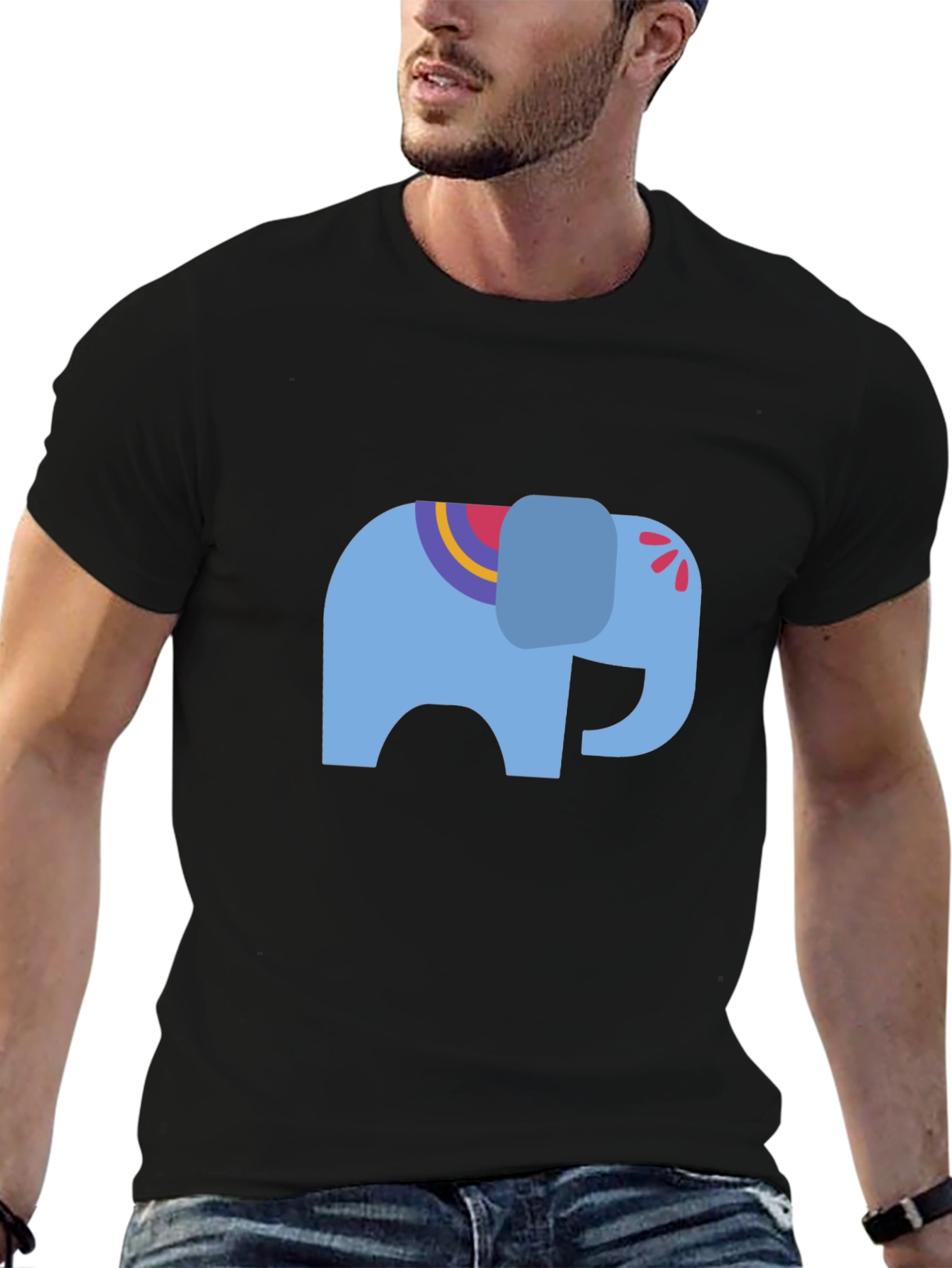 Black Tee with Blue Elephant Graphic
