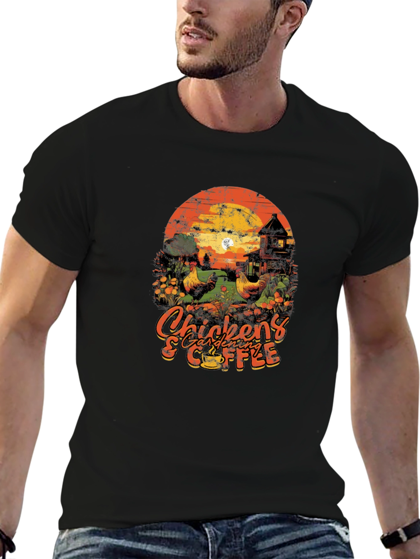 Chicken Gardening & Coffee Graphic T-Shirt