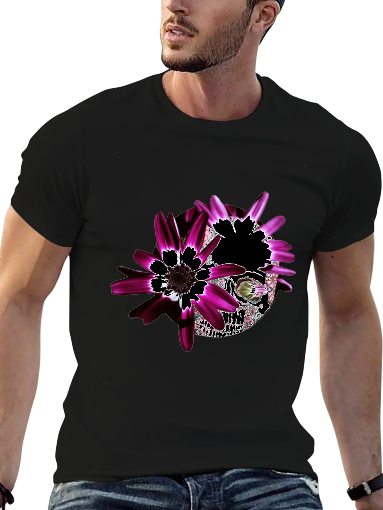 Floral Skull Graphic Black T-Shirt - Unique Design