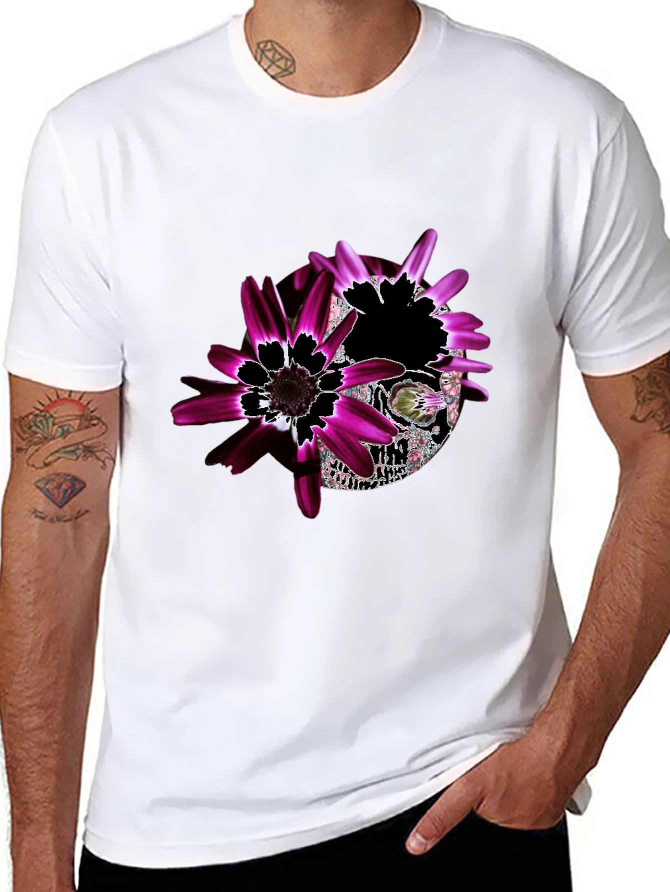 Floral Skull Graphic Black T-Shirt - Unique Design