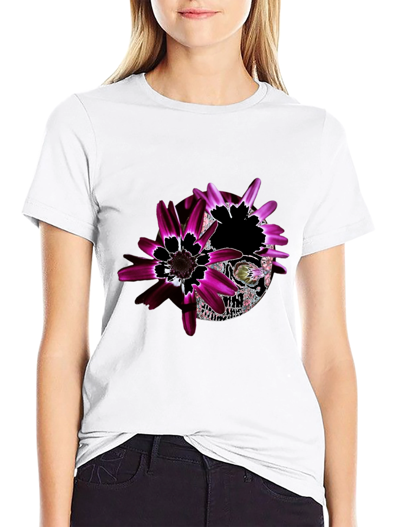 Floral Skull Graphic Black T-Shirt - Unique Design