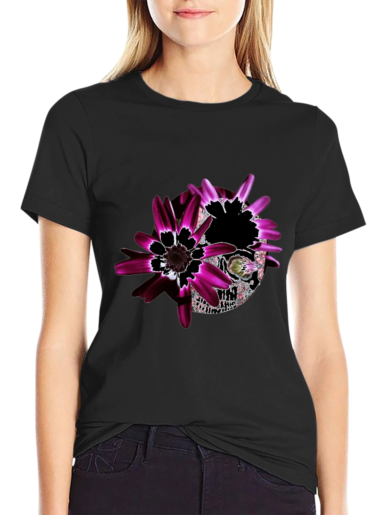 Floral Skull Graphic Black T-Shirt - Unique Design