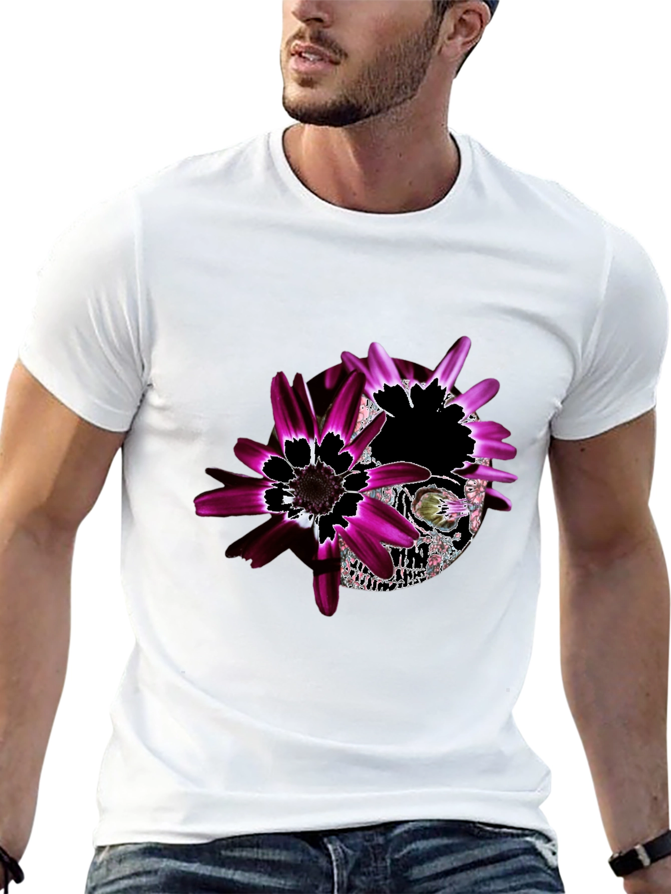Floral Skull Graphic Black T-Shirt - Unique Design