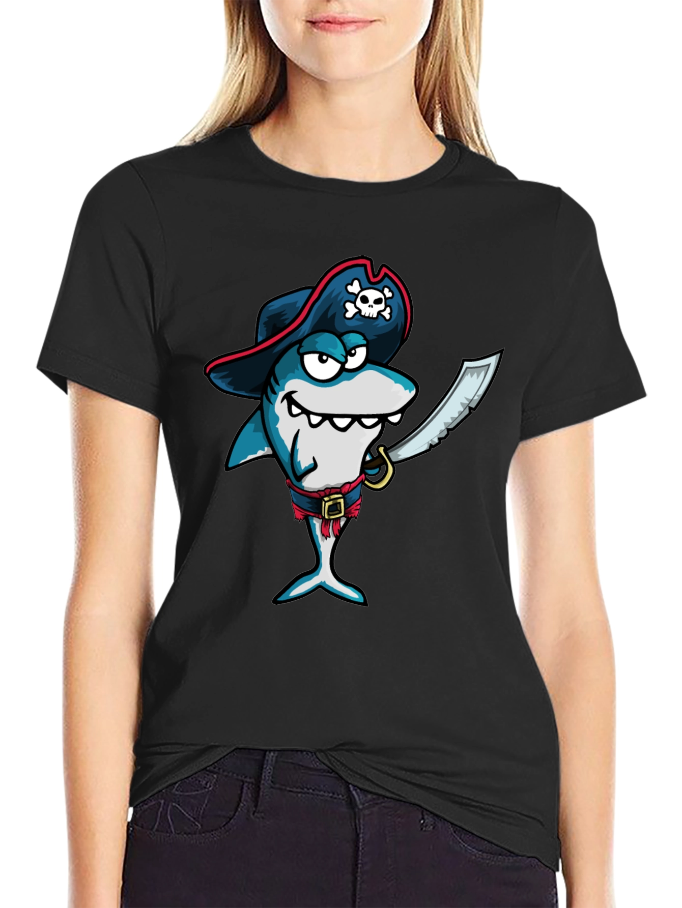 Pirate Shark Graphic Tee - Black Cotton T-Shirt