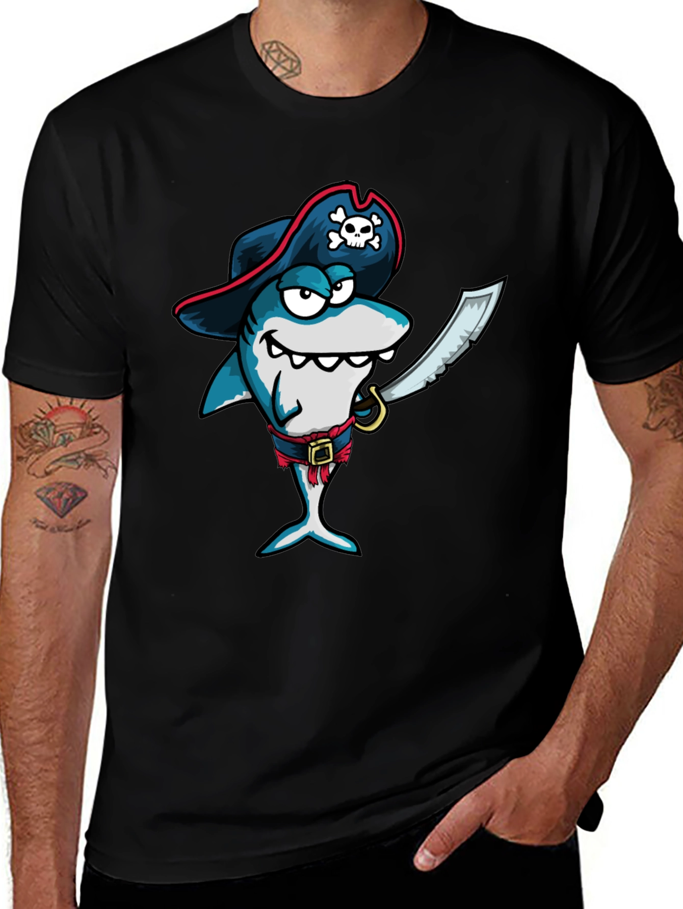 Pirate Shark Graphic Tee - Black Cotton T-Shirt