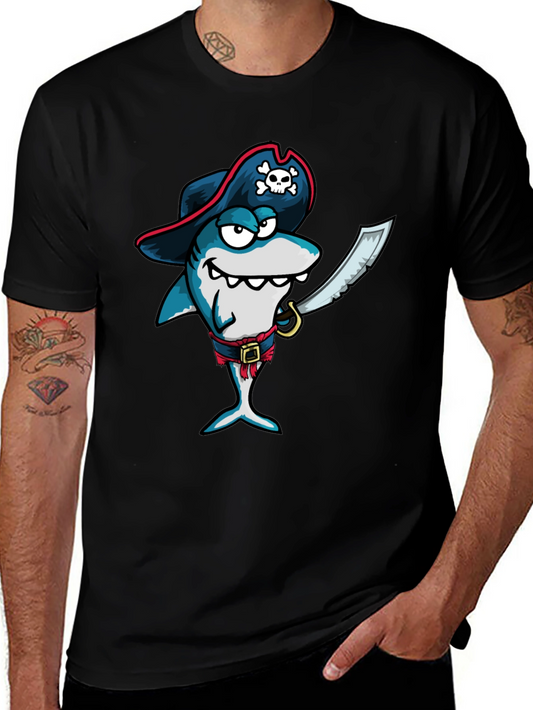 Pirate Shark Graphic Tee - Black Cotton T-Shirt