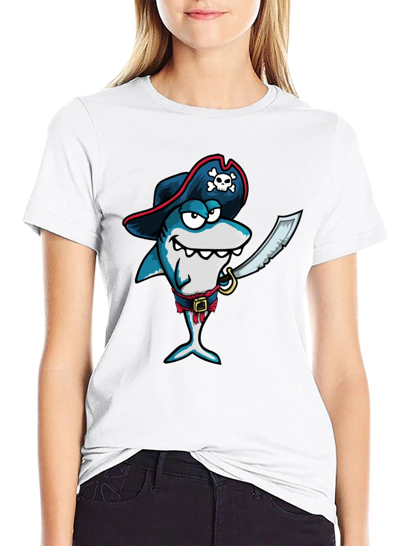 Pirate Shark Graphic Tee - Black Cotton T-Shirt