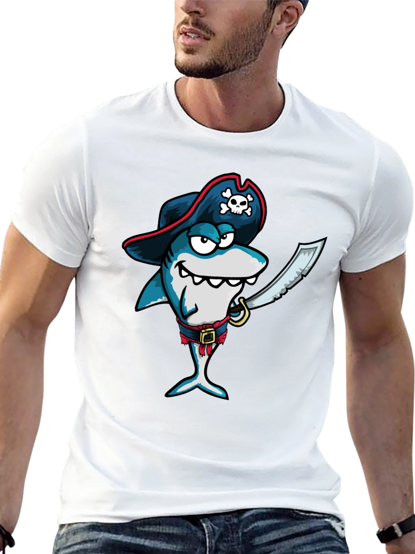 Pirate Shark Graphic Tee - Black Cotton T-Shirt