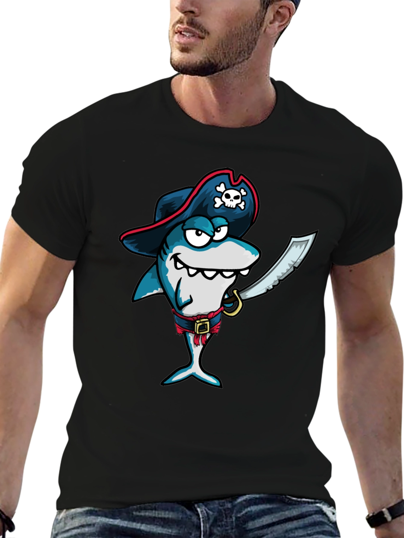 Pirate Shark Graphic Tee - Black Cotton T-Shirt