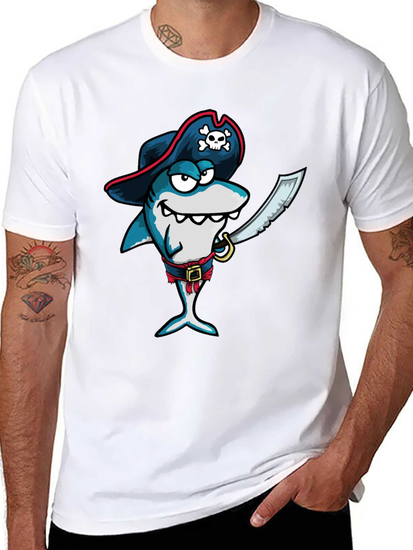 Pirate Shark Graphic Tee - Black Cotton T-Shirt