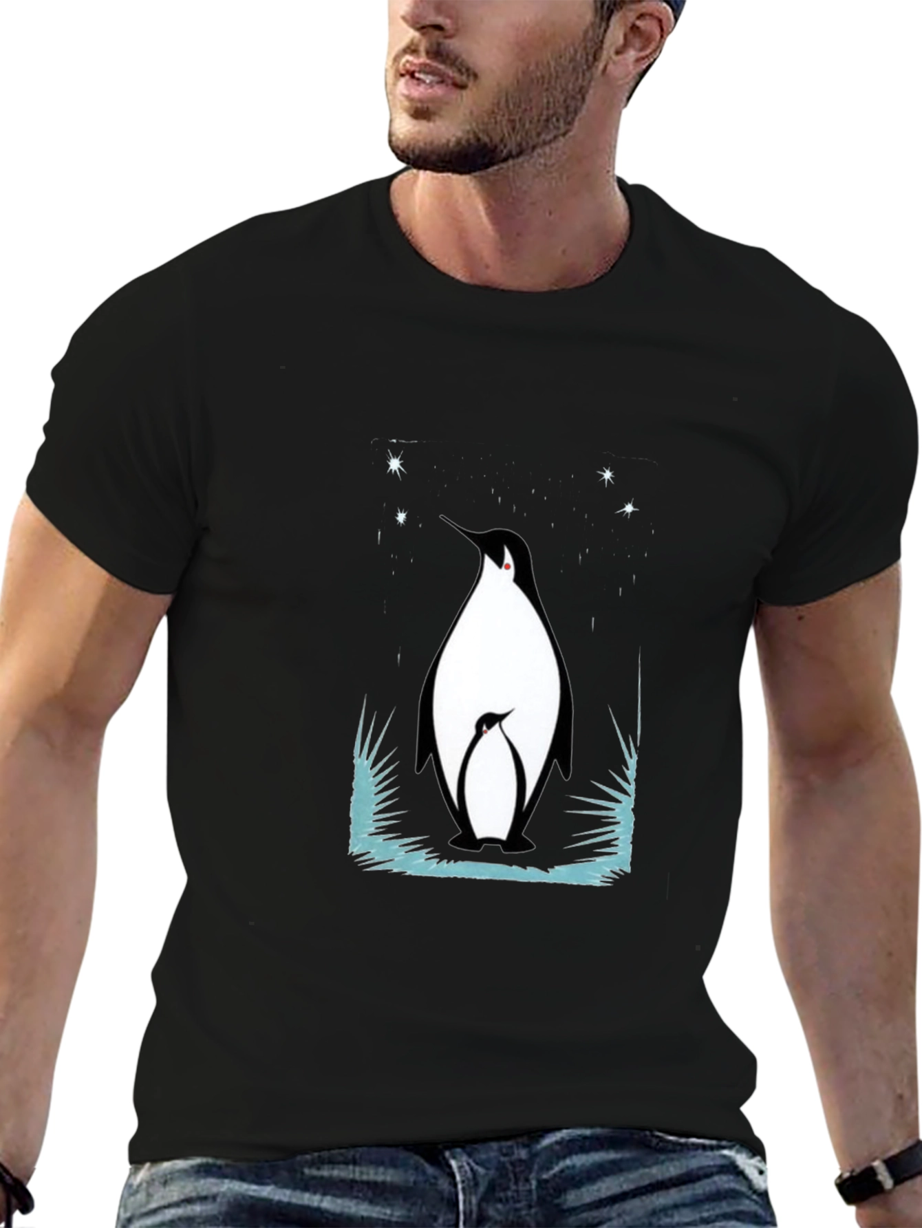 Penguin Family Graphic Tee - Black Cotton Blend T-Shirt