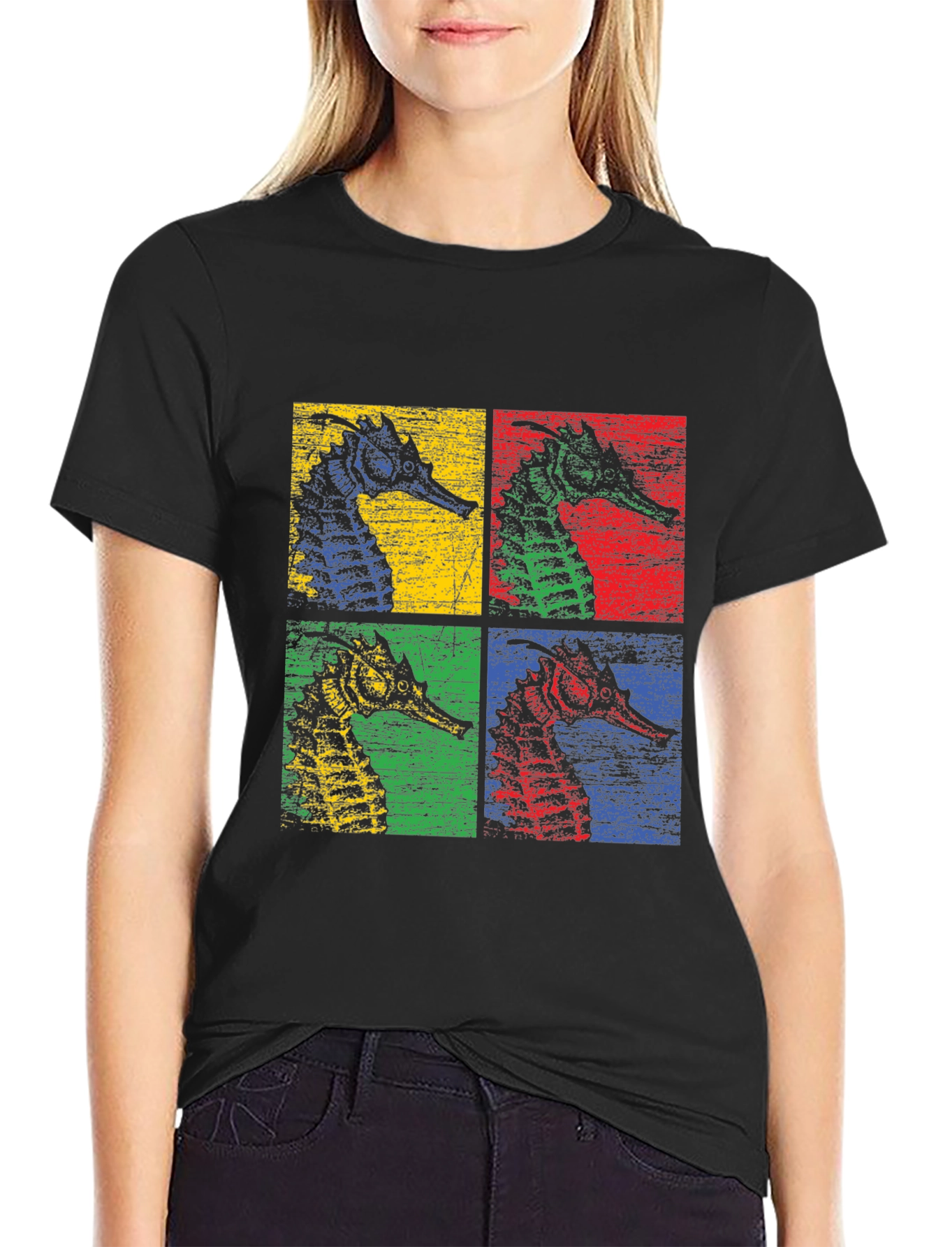 Retro Seahorse Pop Art Black T-Shirt