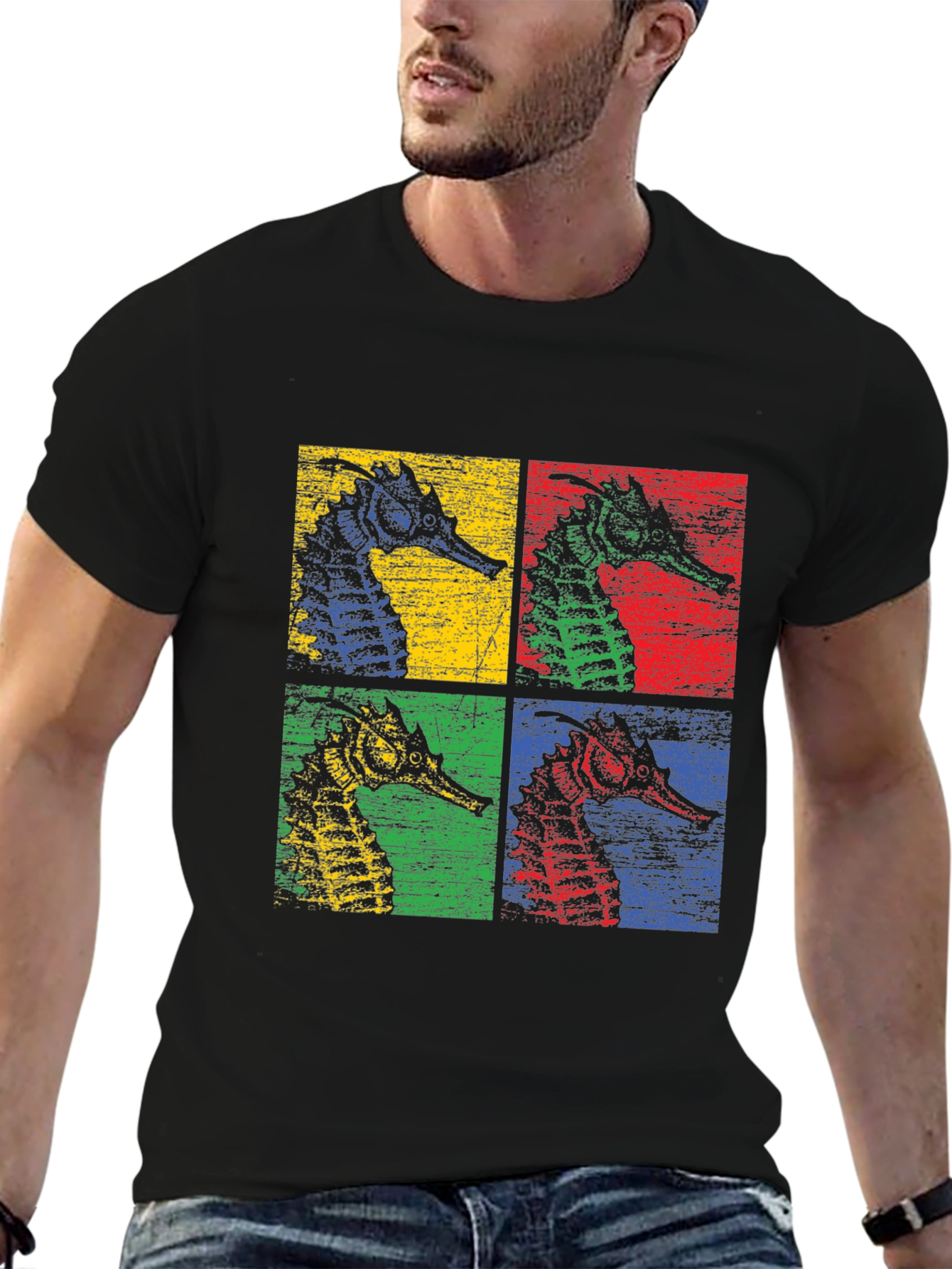Retro Seahorse Pop Art Black T-Shirt
