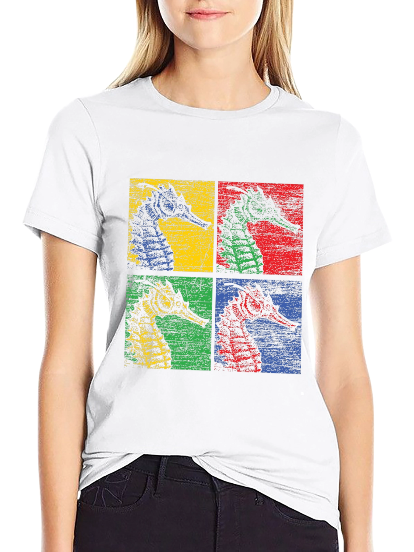 Retro Seahorse Pop Art Black T-Shirt