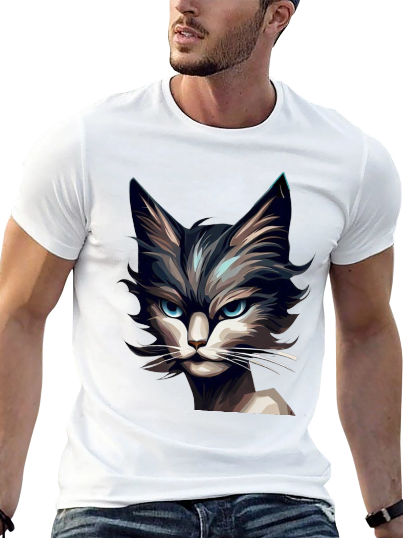 Mens Black T-Shirt with Cat Graphic