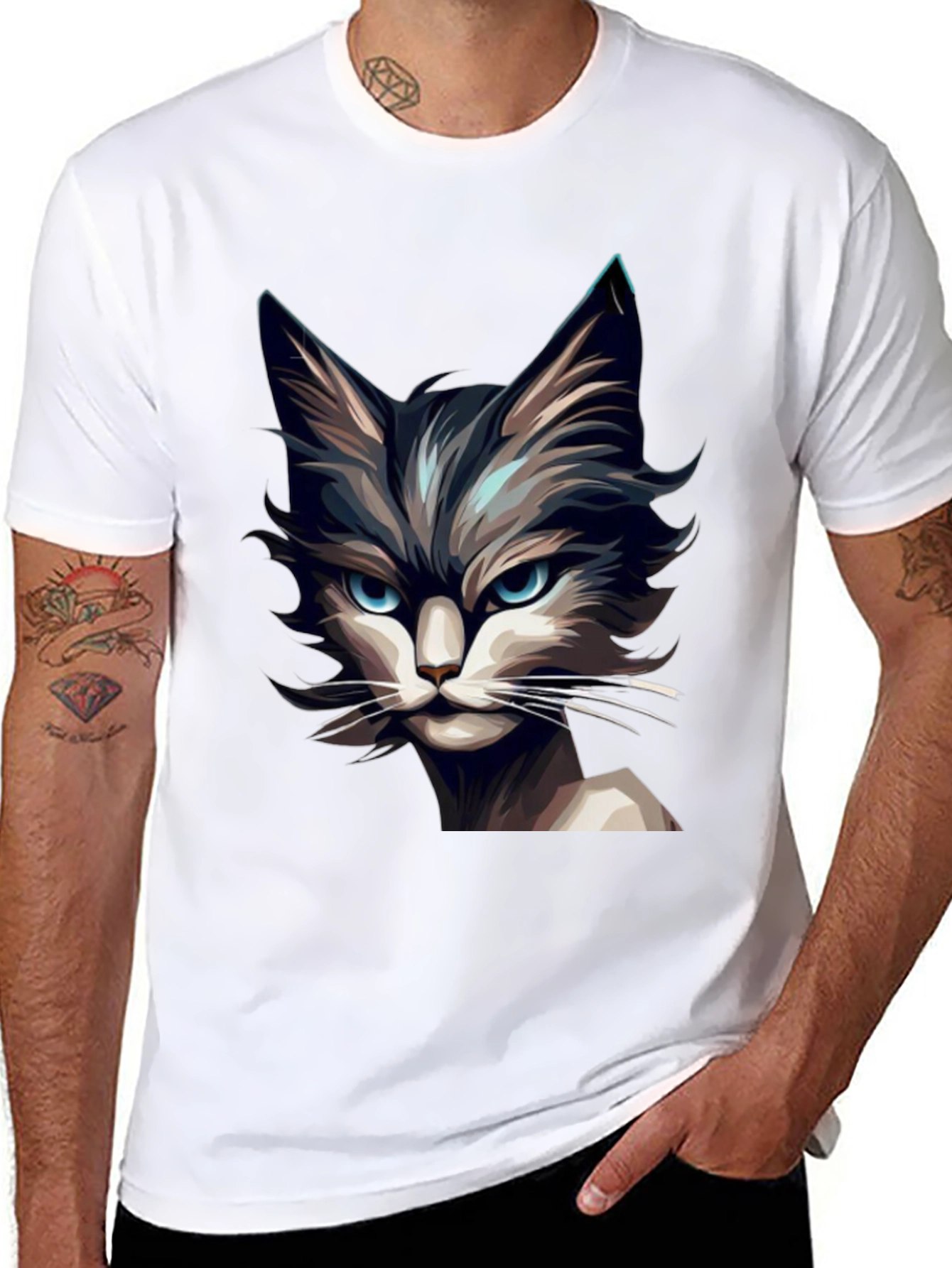 Mens Black T-Shirt with Cat Graphic