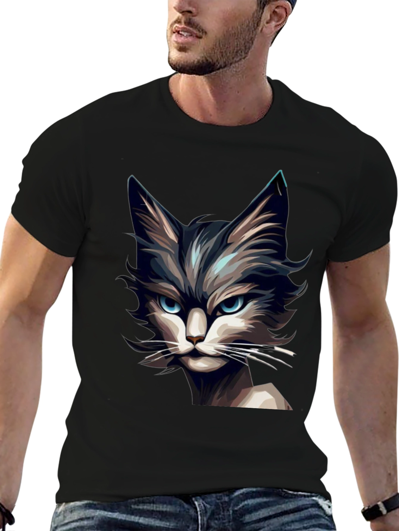 Mens Black T-Shirt with Cat Graphic